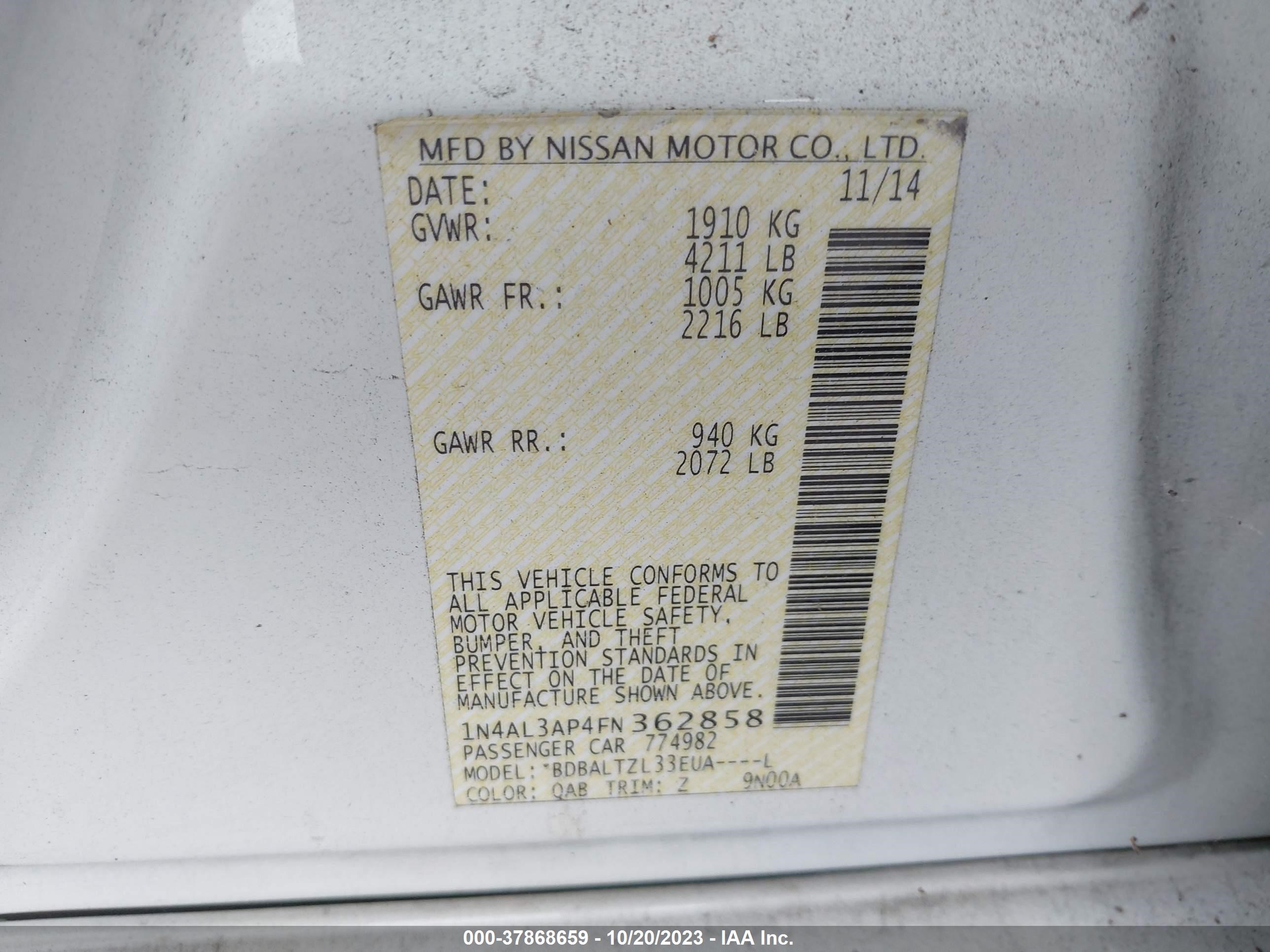 Photo 8 VIN: 1N4AL3AP4FN362858 - NISSAN ALTIMA 