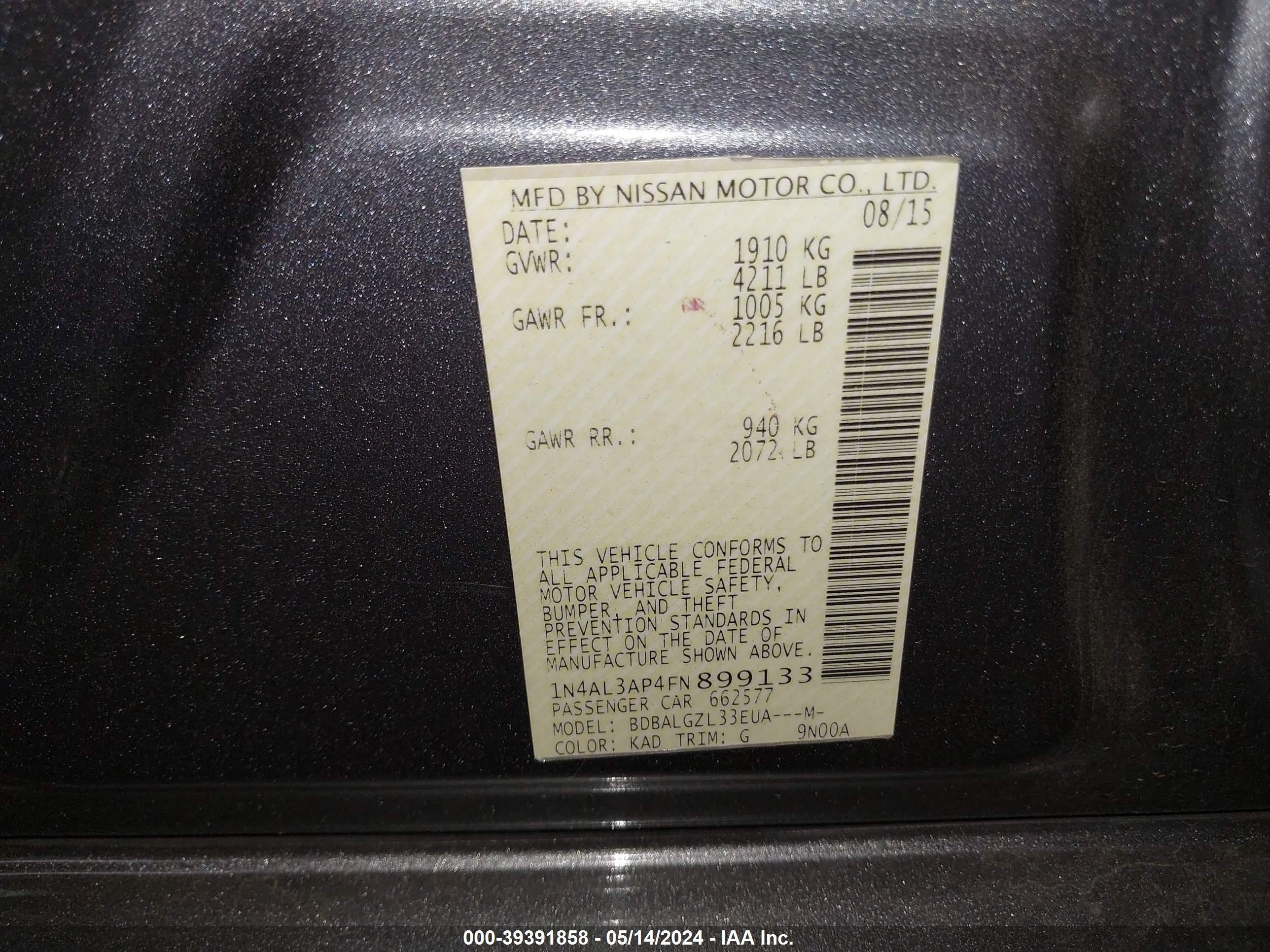 Photo 8 VIN: 1N4AL3AP4FN899133 - NISSAN ALTIMA 