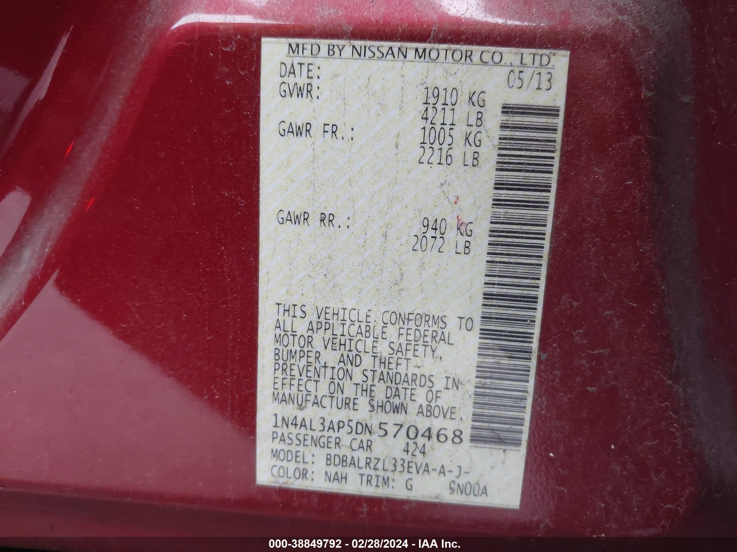 Photo 8 VIN: 1N4AL3AP5DN570468 - NISSAN ALTIMA 