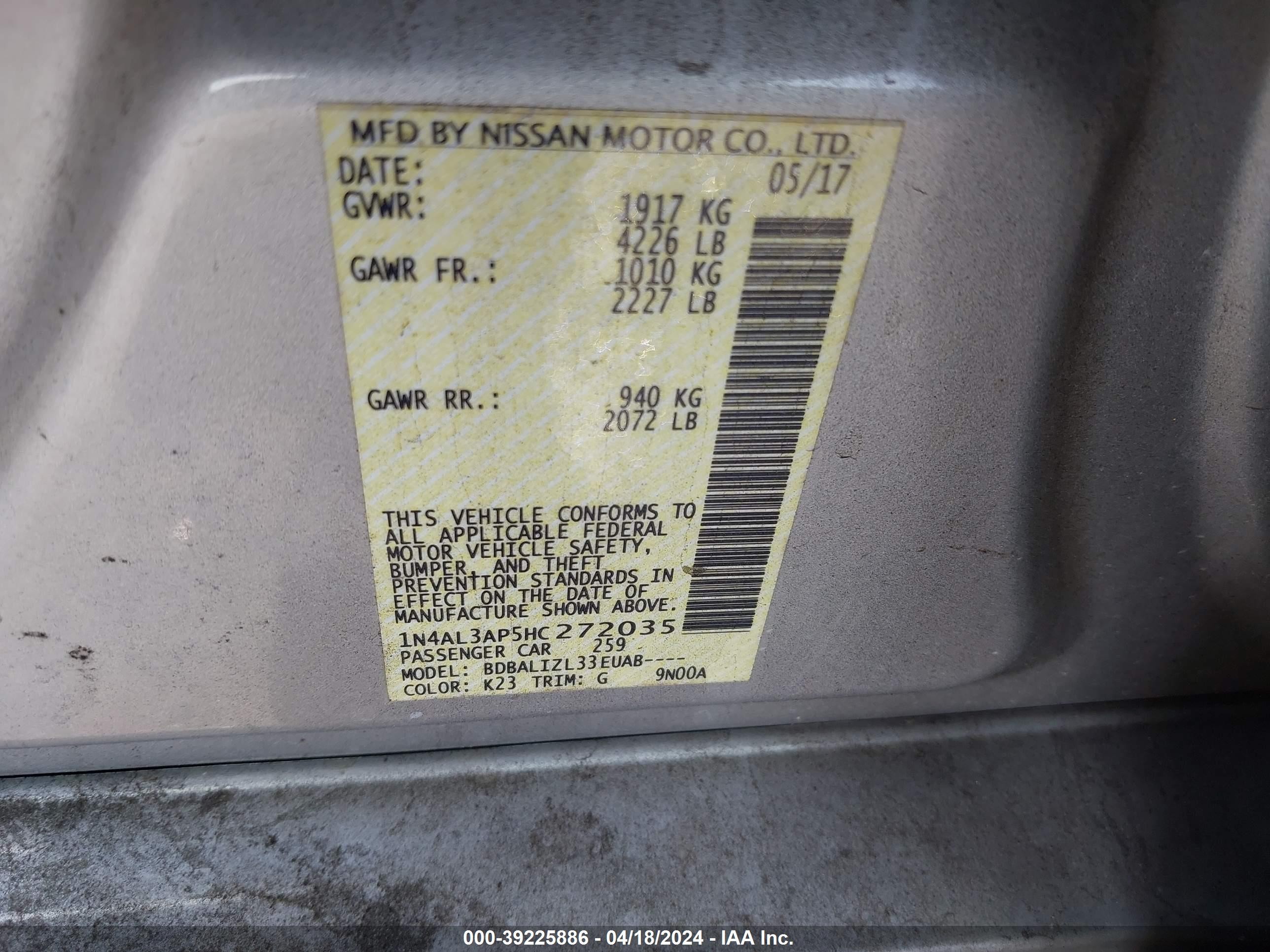 Photo 8 VIN: 1N4AL3AP5HC272035 - NISSAN ALTIMA 