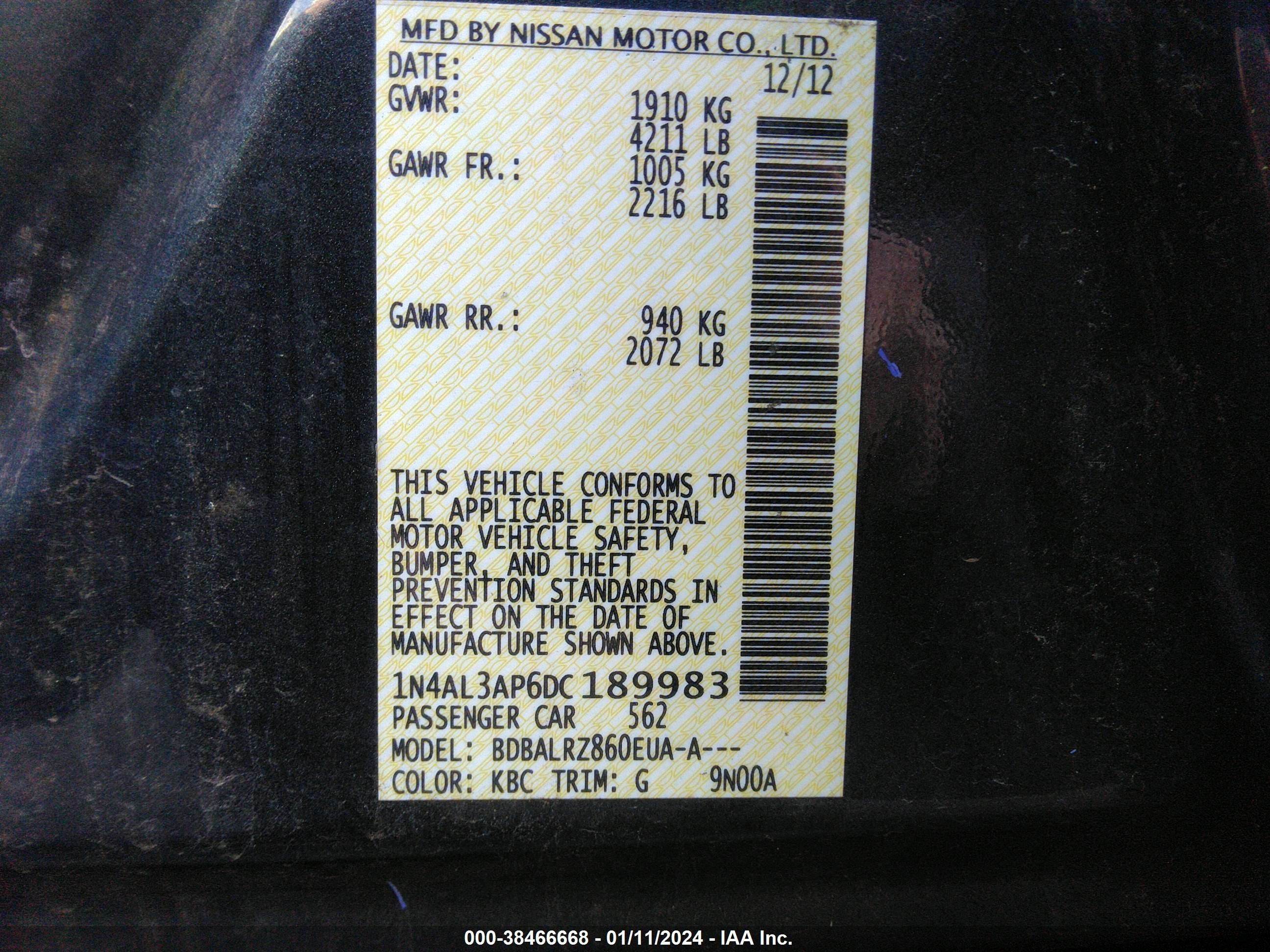 Photo 8 VIN: 1N4AL3AP6DC189983 - NISSAN ALTIMA 