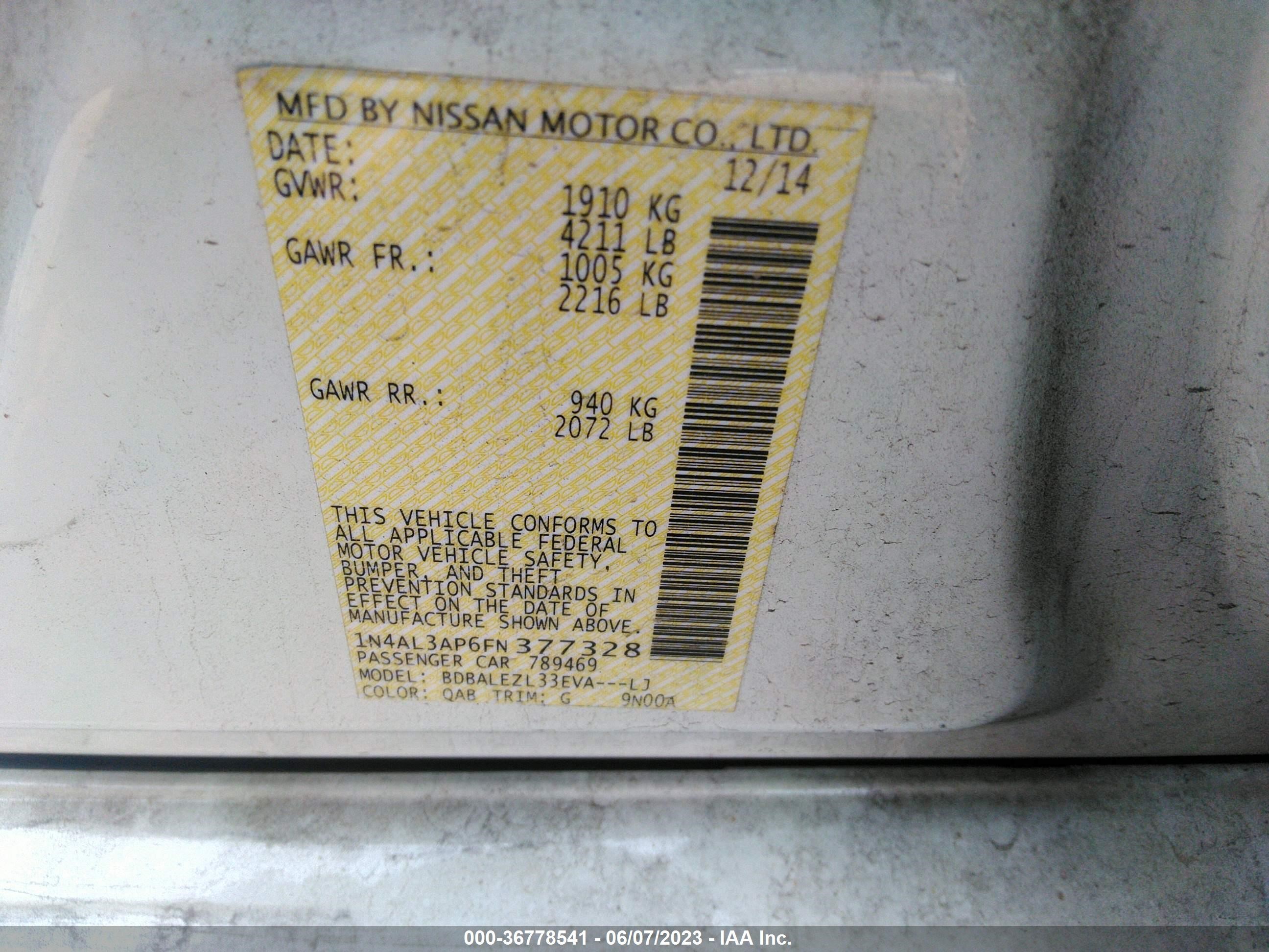 Photo 8 VIN: 1N4AL3AP6FN377328 - NISSAN ALTIMA 