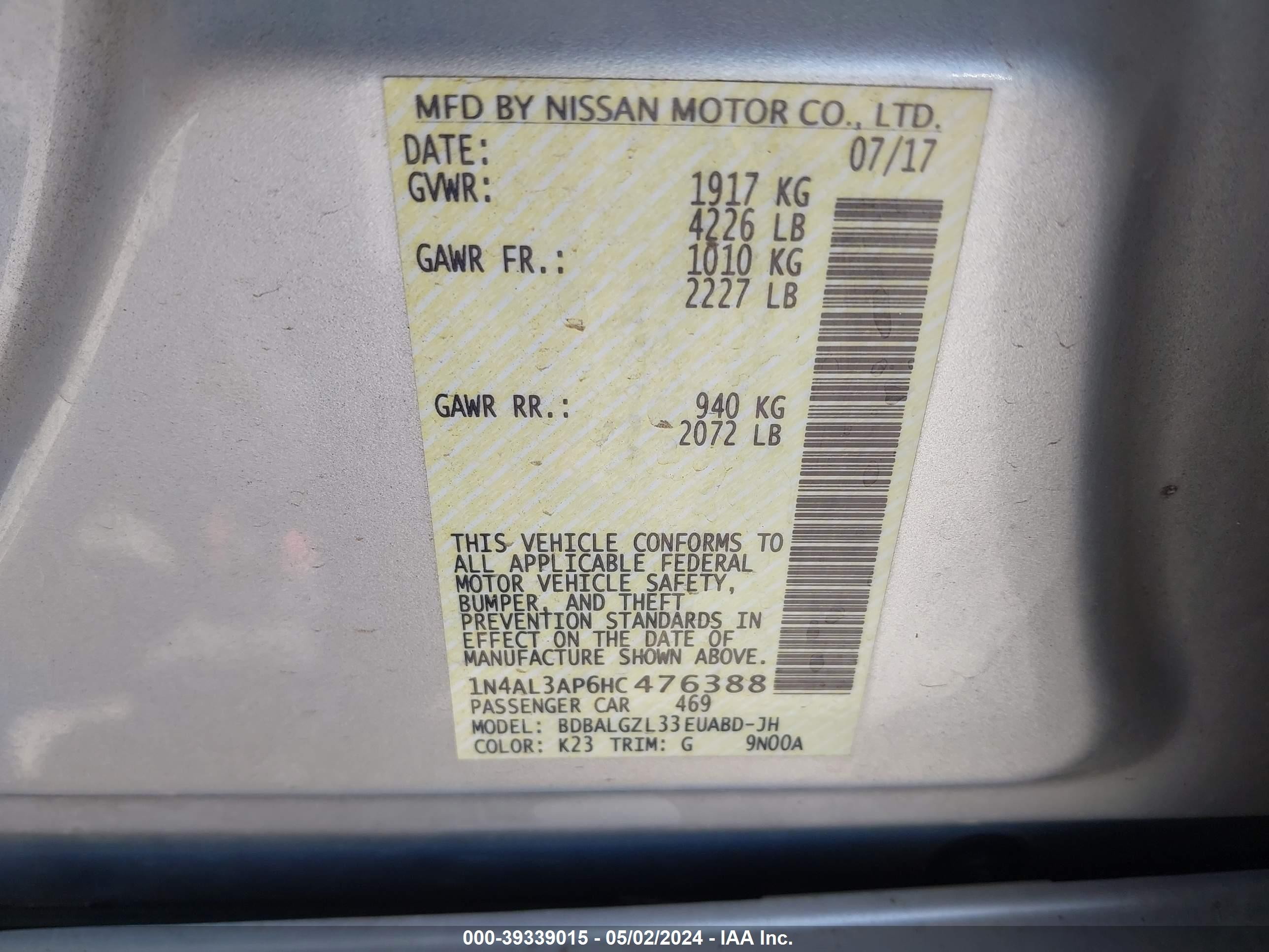 Photo 8 VIN: 1N4AL3AP6HC476388 - NISSAN ALTIMA 