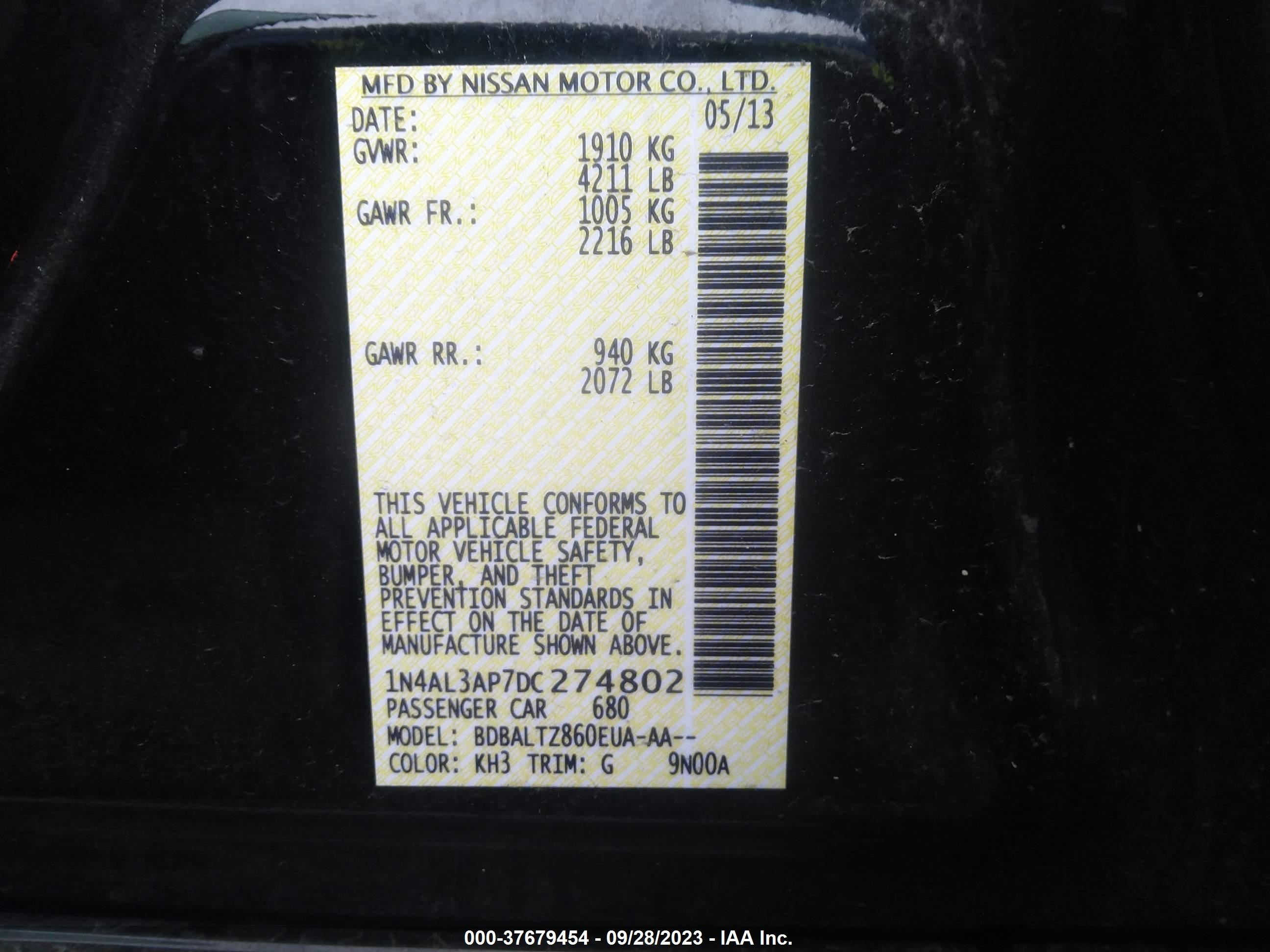 Photo 8 VIN: 1N4AL3AP7DC274802 - NISSAN ALTIMA 