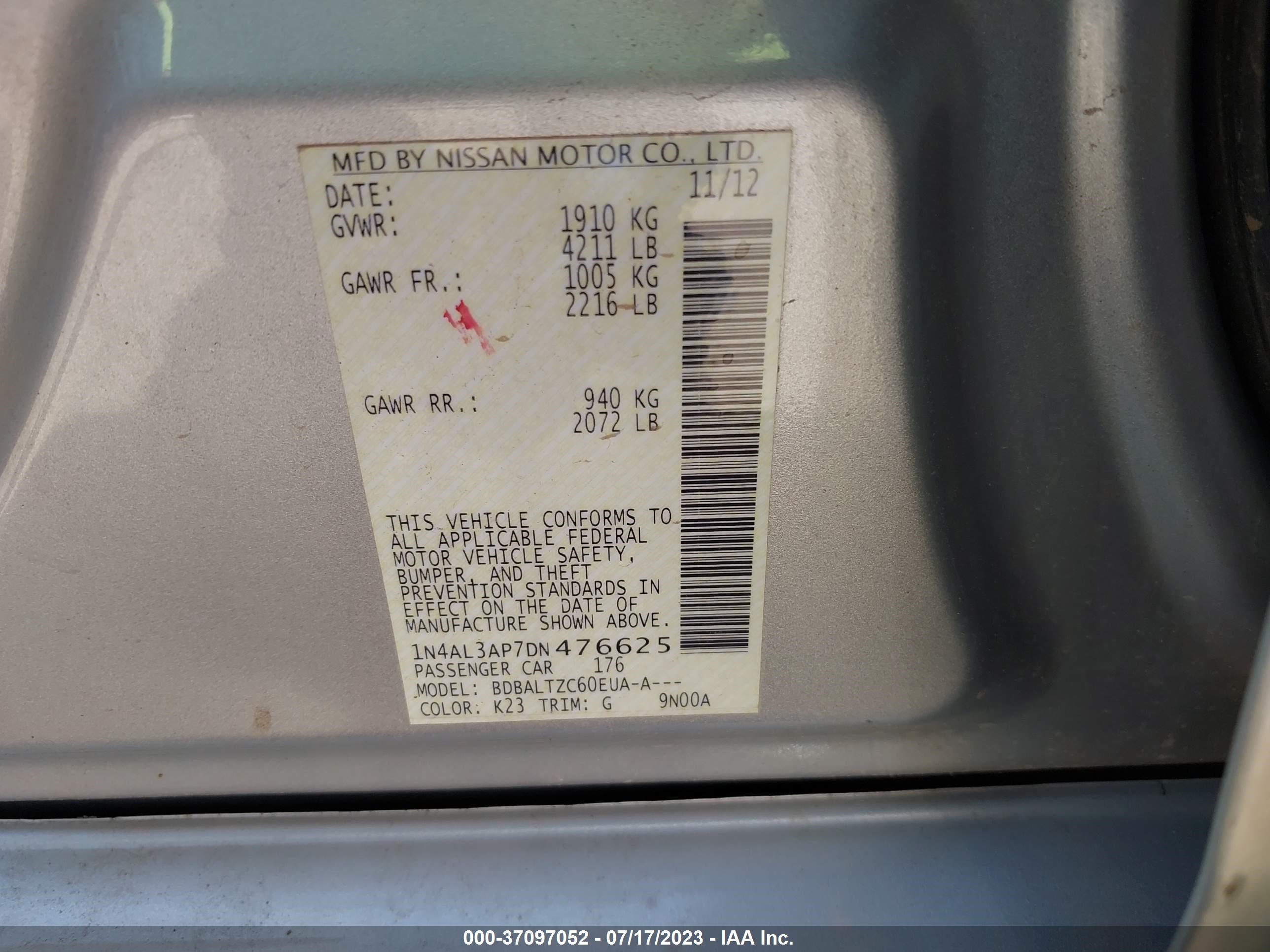 Photo 8 VIN: 1N4AL3AP7DN476625 - NISSAN ALTIMA 