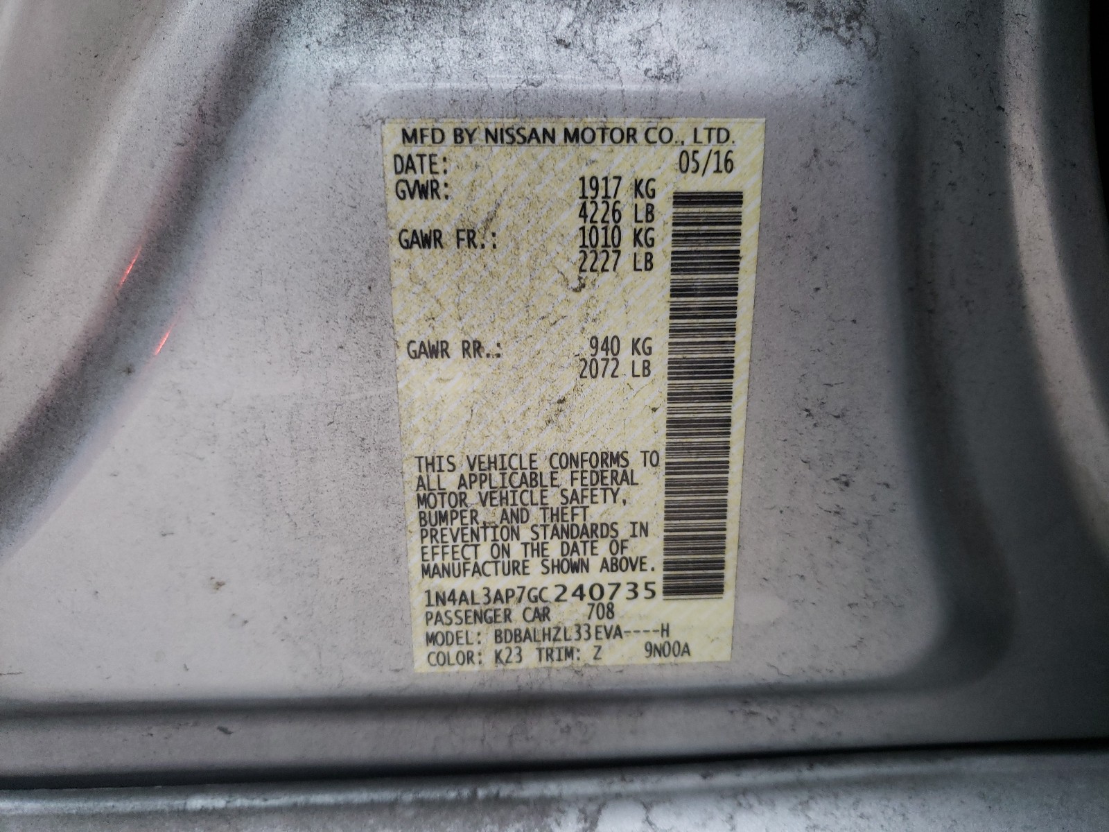 Photo 9 VIN: 1N4AL3AP7GC240735 - NISSAN ALTIMA 2.5 