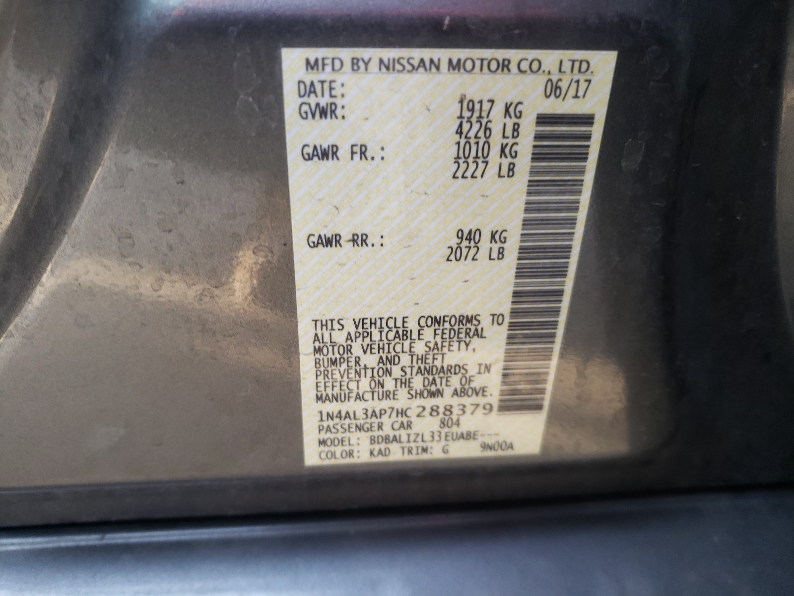 Photo 9 VIN: 1N4AL3AP7HC288379 - NISSAN ALTIMA 2.5 