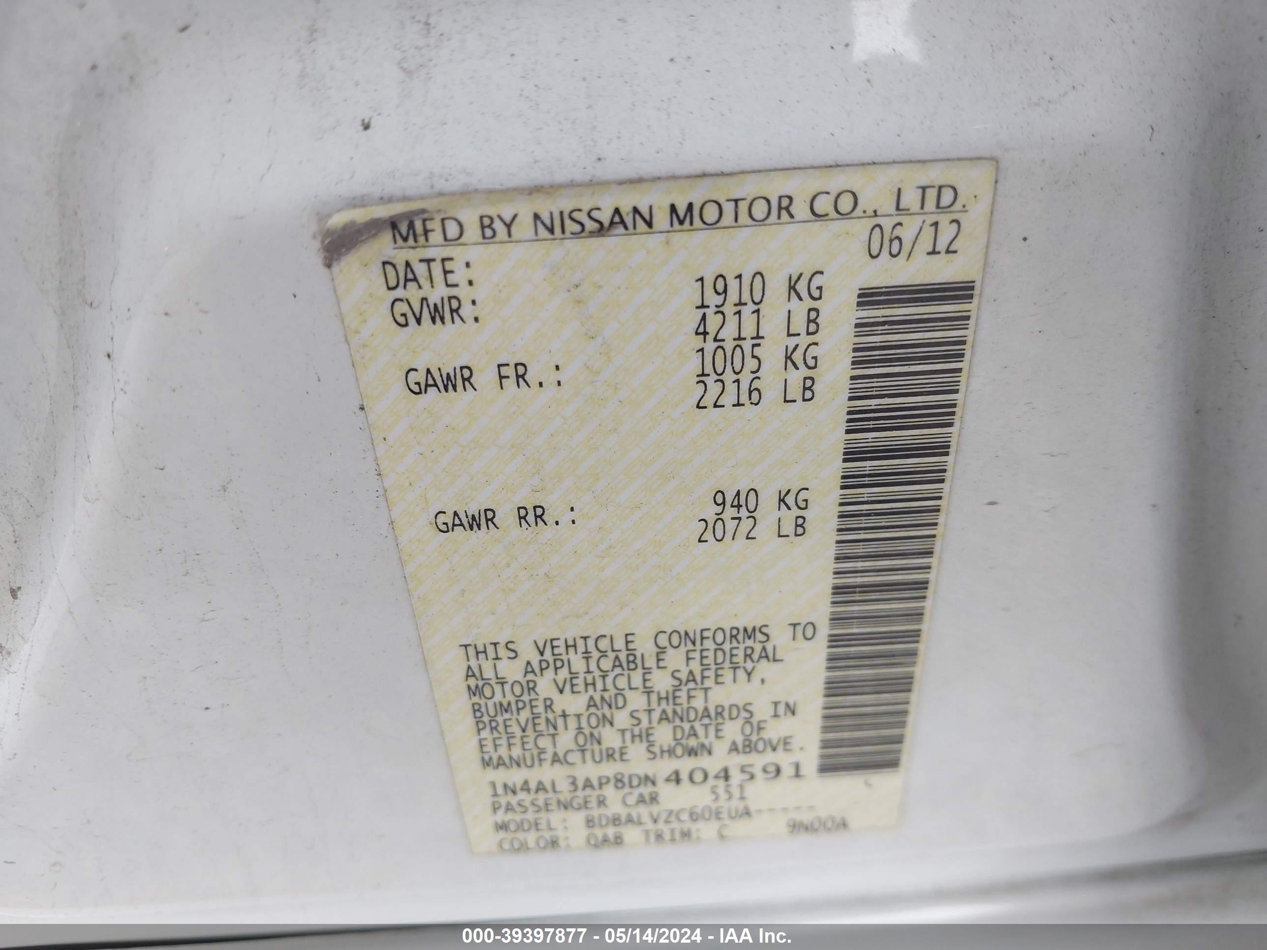 Photo 8 VIN: 1N4AL3AP8DN404591 - NISSAN ALTIMA 