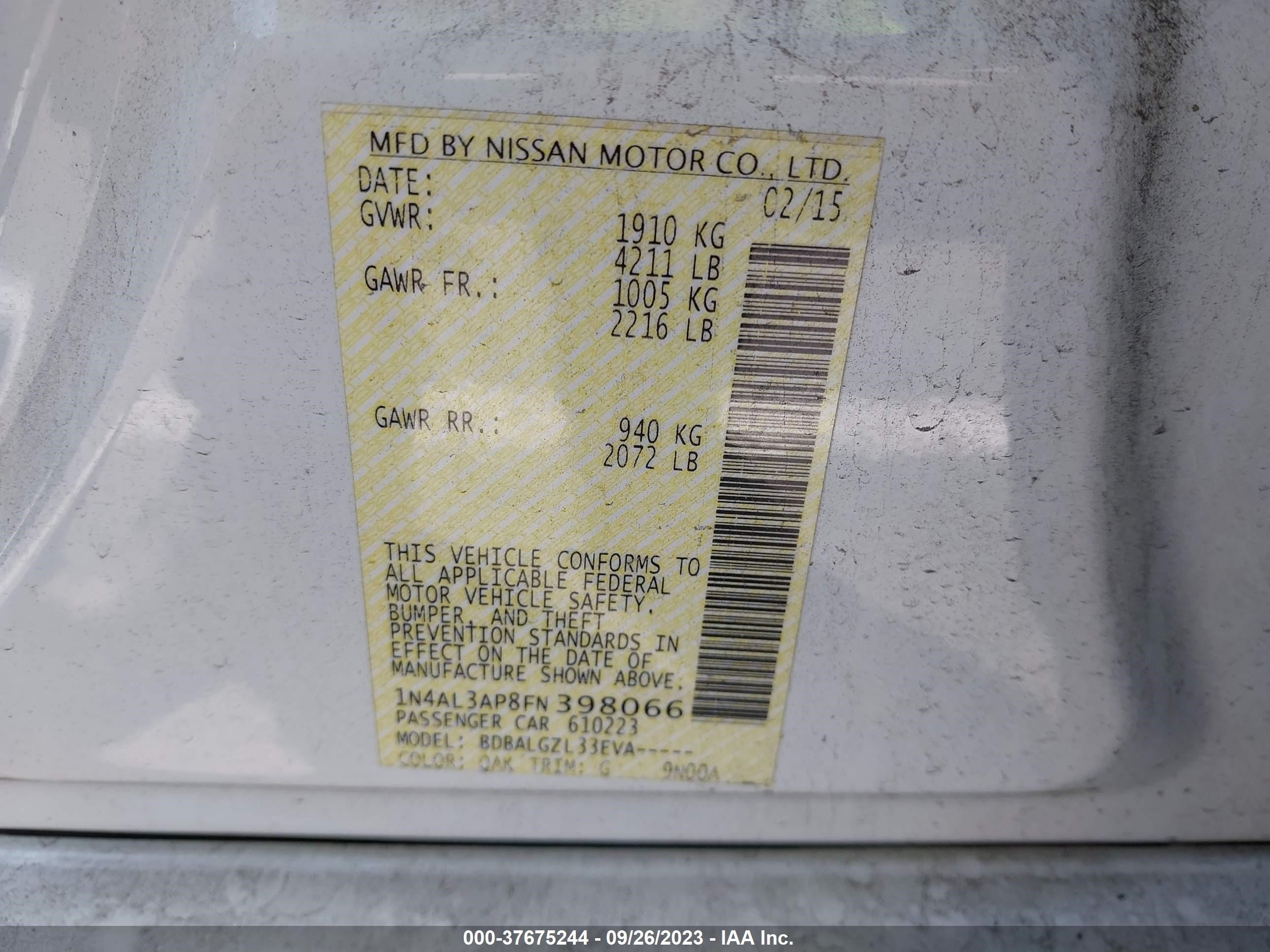 Photo 8 VIN: 1N4AL3AP8FN398066 - NISSAN ALTIMA 