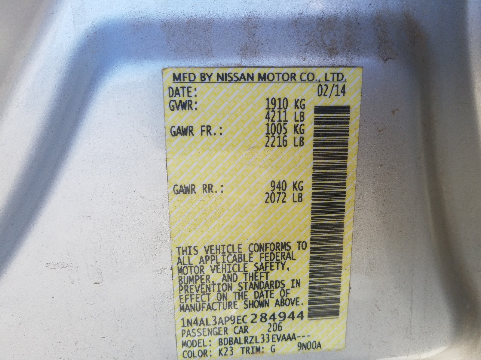 Photo 9 VIN: 1N4AL3AP9EC284944 - NISSAN ALTIMA 2.5 