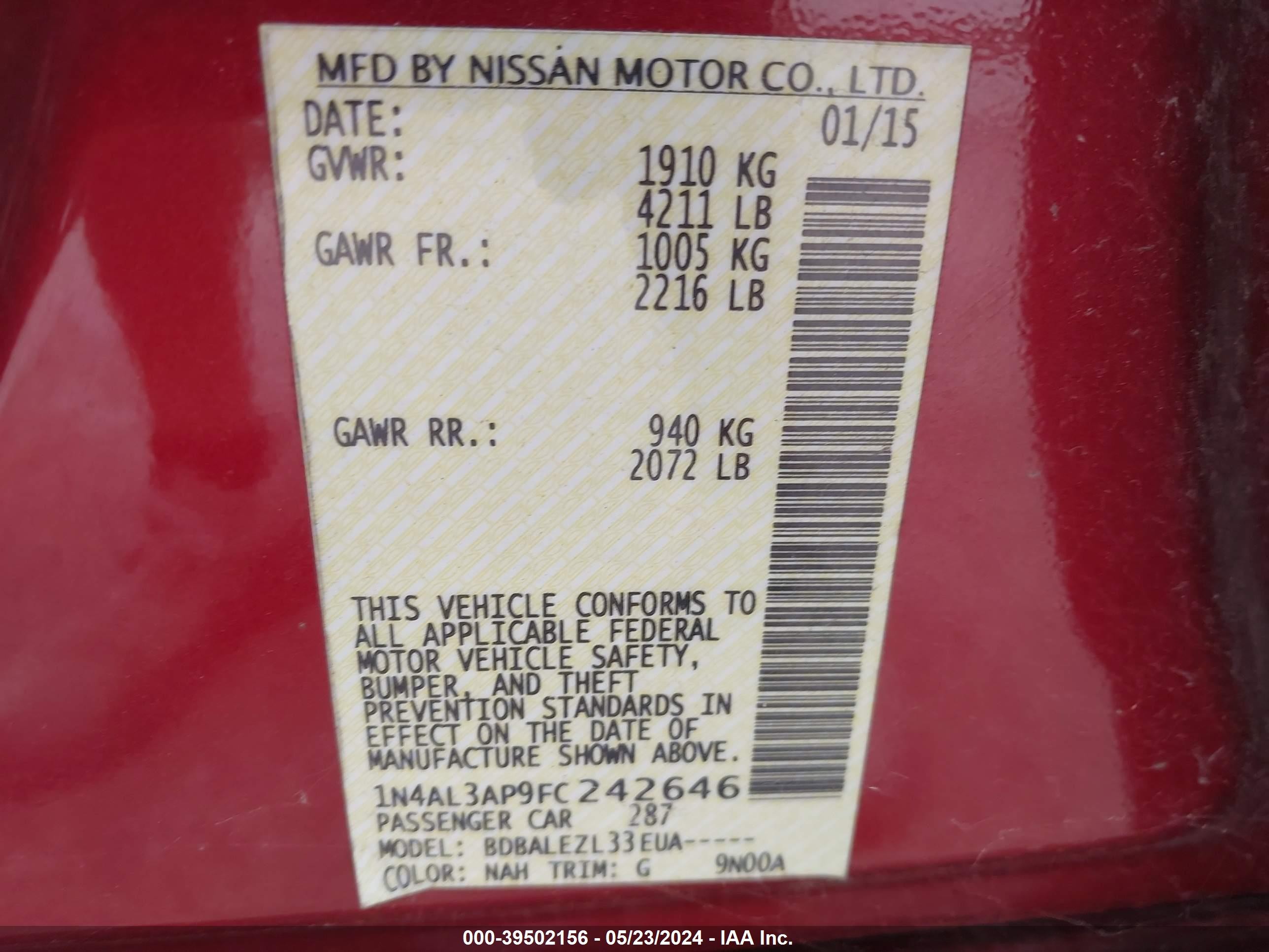 Photo 8 VIN: 1N4AL3AP9FC242646 - NISSAN ALTIMA 