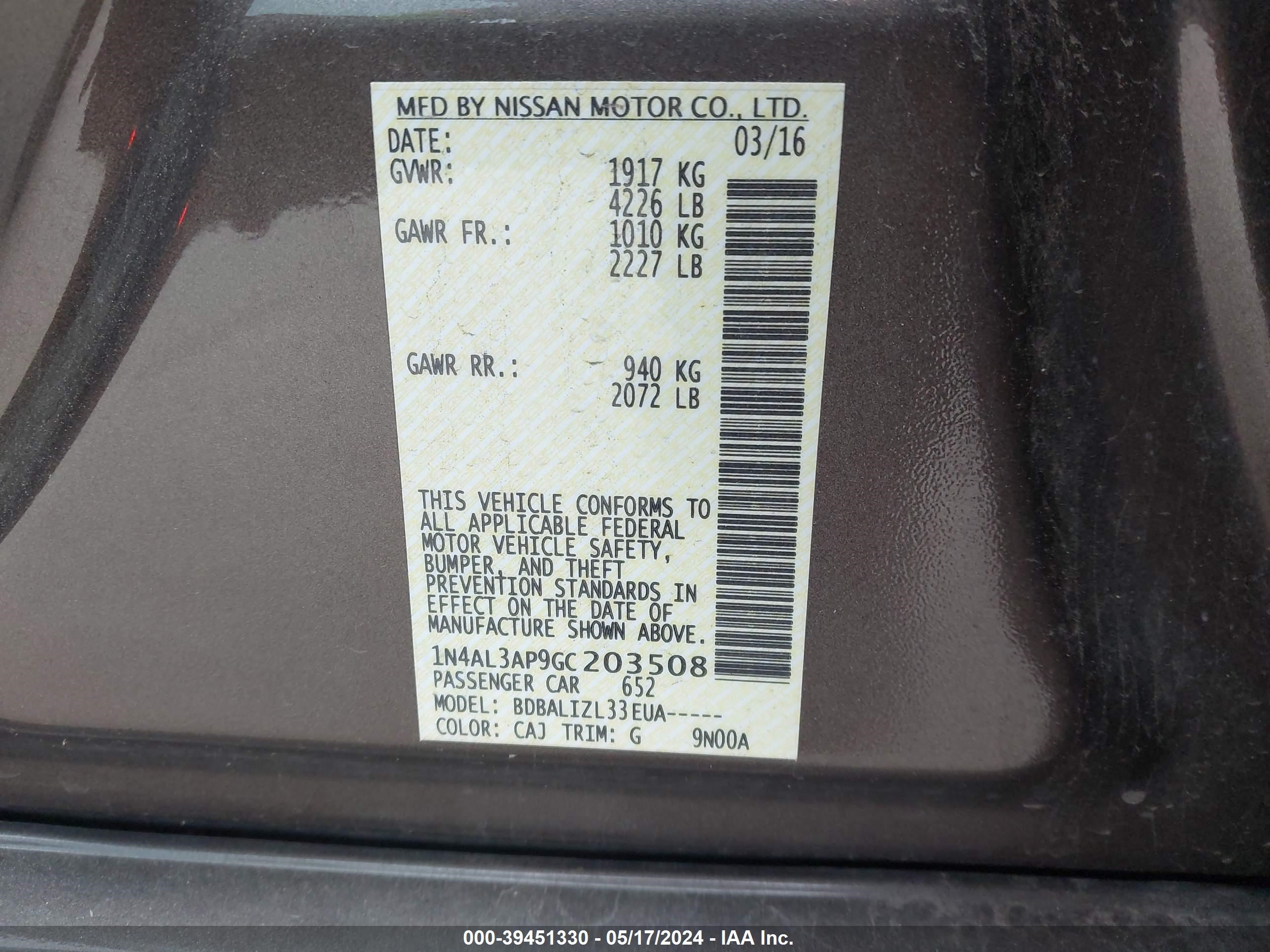 Photo 8 VIN: 1N4AL3AP9GC203508 - NISSAN ALTIMA 