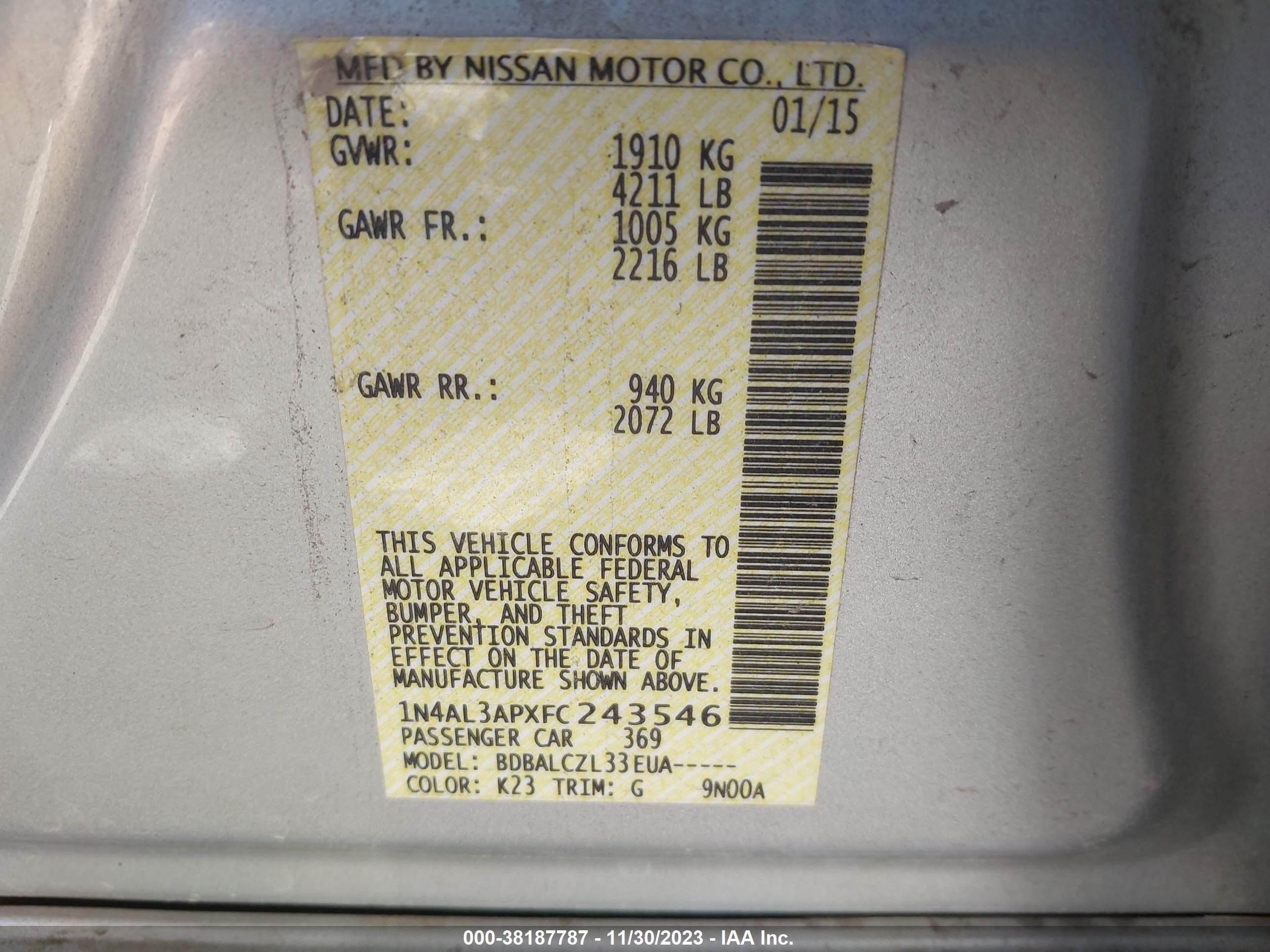 Photo 8 VIN: 1N4AL3APXFC243546 - NISSAN ALTIMA 