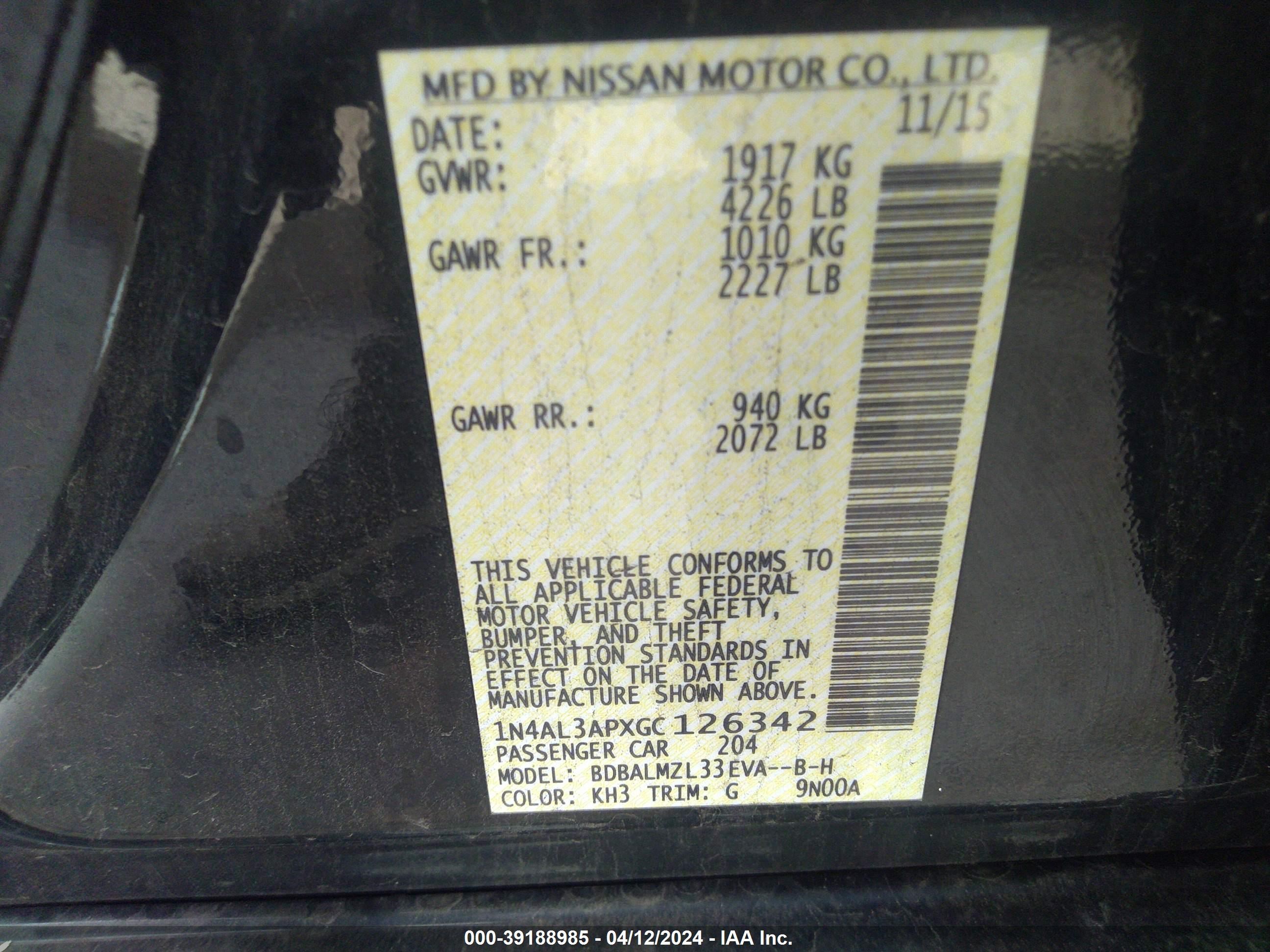 Photo 8 VIN: 1N4AL3APXGC126342 - NISSAN ALTIMA 