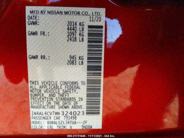 Photo 8 VIN: 1N4AL4CV7MN324023 - NISSAN ALTIMA 