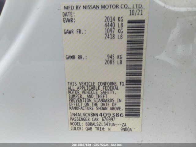 Photo 8 VIN: 1N4AL4CV8MN409386 - NISSAN ALTIMA 