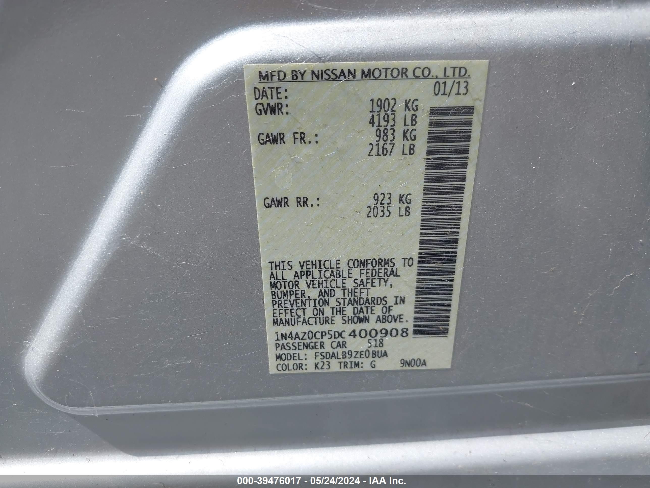 Photo 8 VIN: 1N4AZ0CP5DC400908 - NISSAN LEAF 