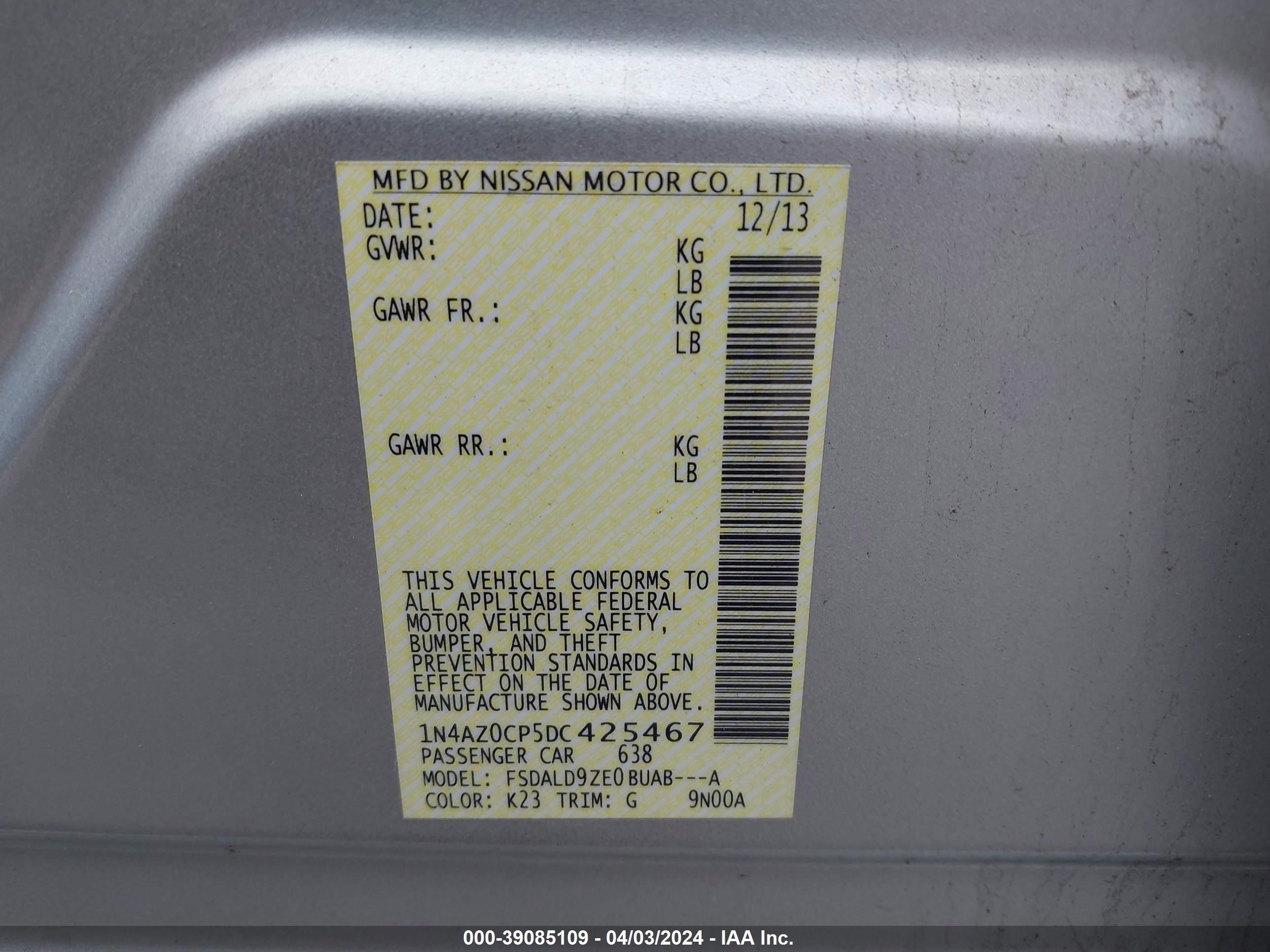 Photo 8 VIN: 1N4AZ0CP5DC425467 - NISSAN LEAF 