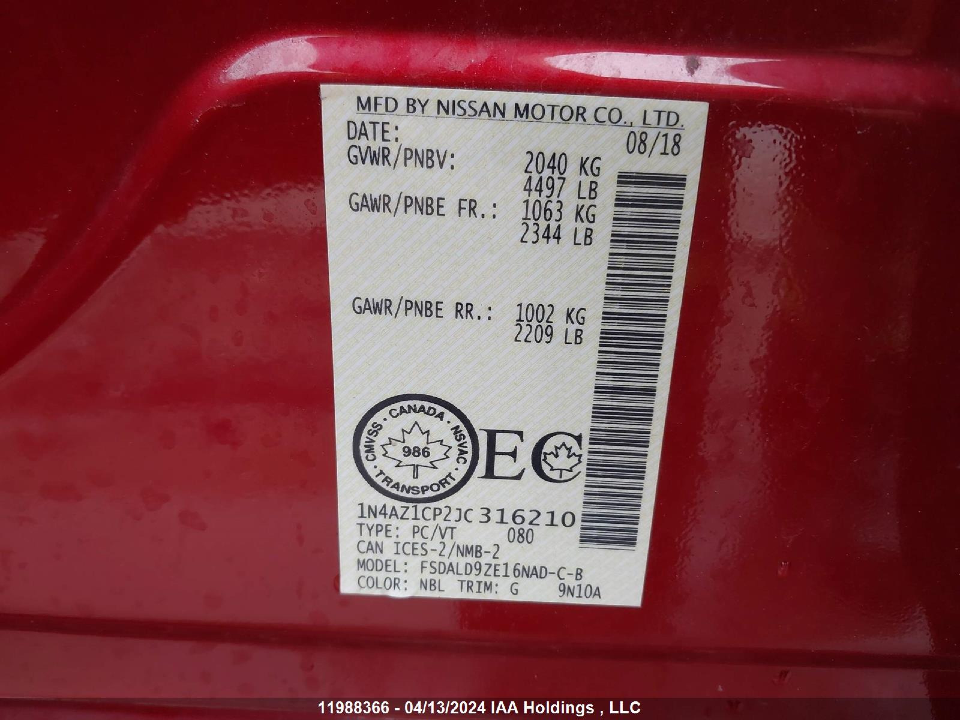 Photo 8 VIN: 1N4AZ1CP2JC316210 - NISSAN LEAF 