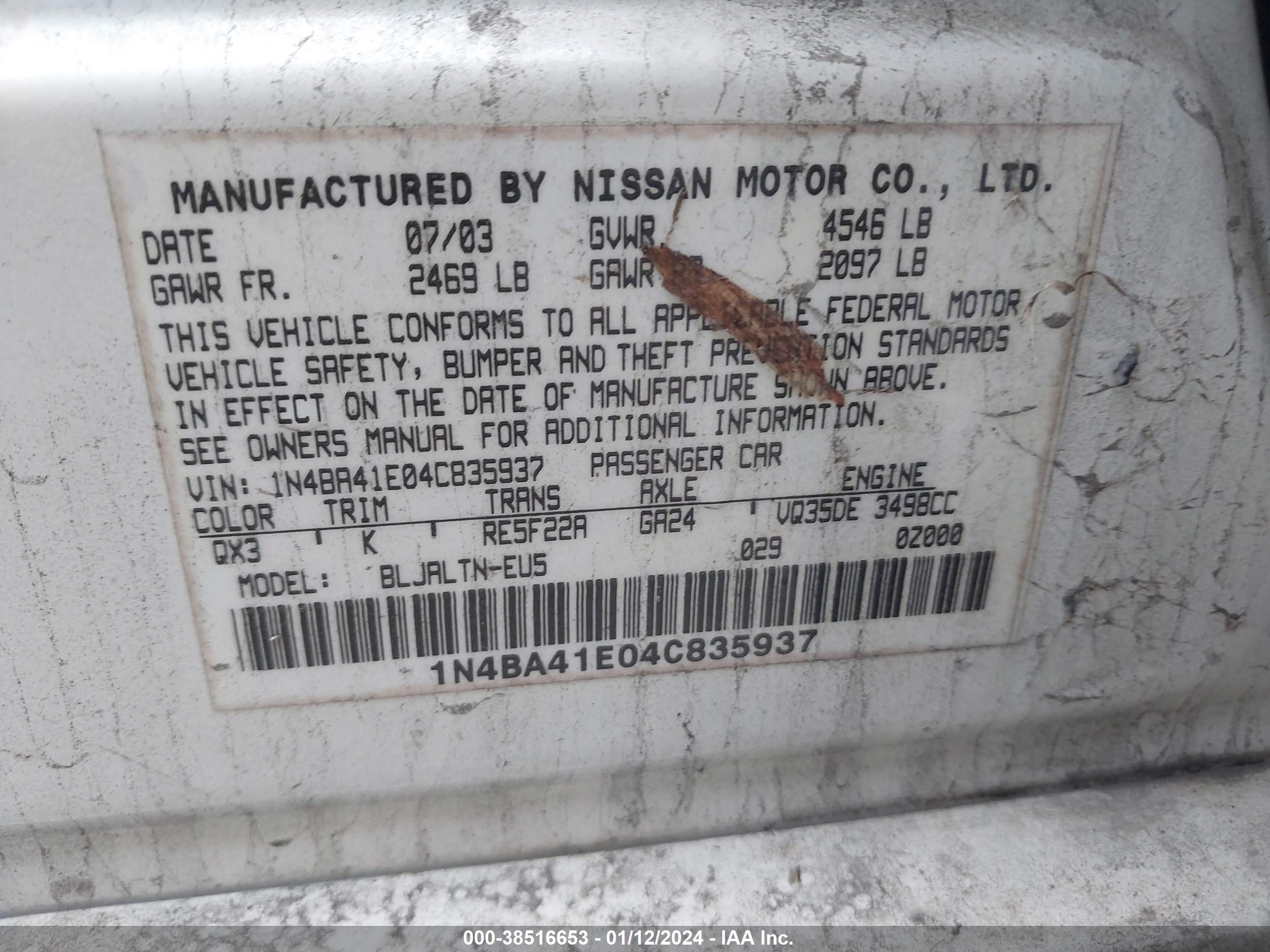 Photo 8 VIN: 1N4BA41E04C835937 - NISSAN MAXIMA 