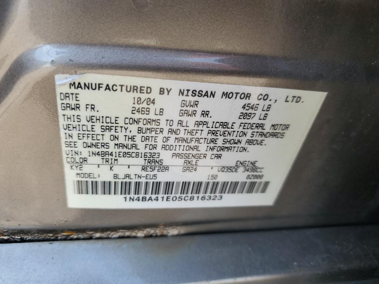 Photo 11 VIN: 1N4BA41E05C816323 - NISSAN MAXIMA 