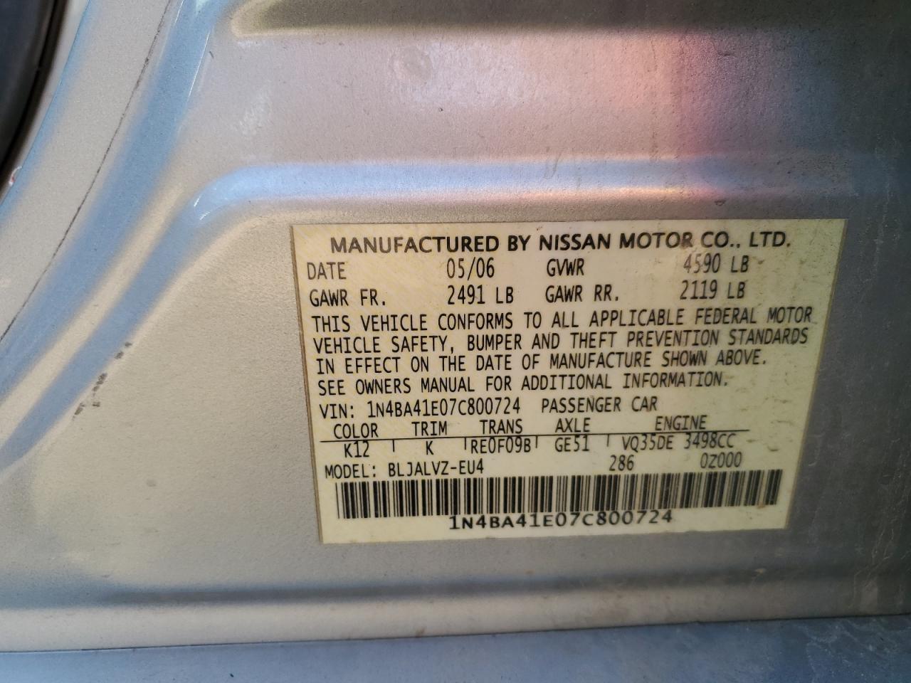 Photo 11 VIN: 1N4BA41E07C800724 - NISSAN MAXIMA 