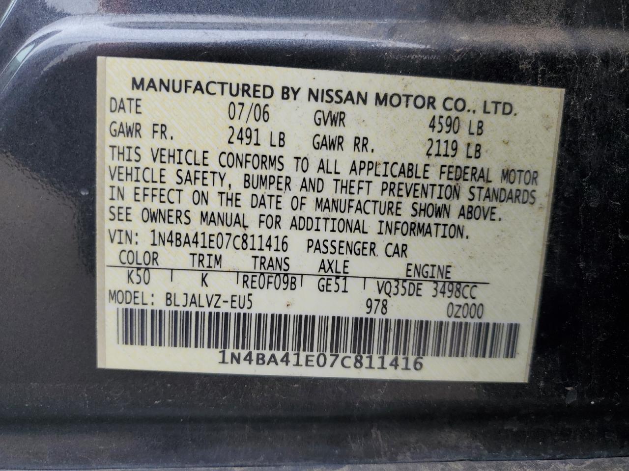 Photo 11 VIN: 1N4BA41E07C811416 - NISSAN MAXIMA 