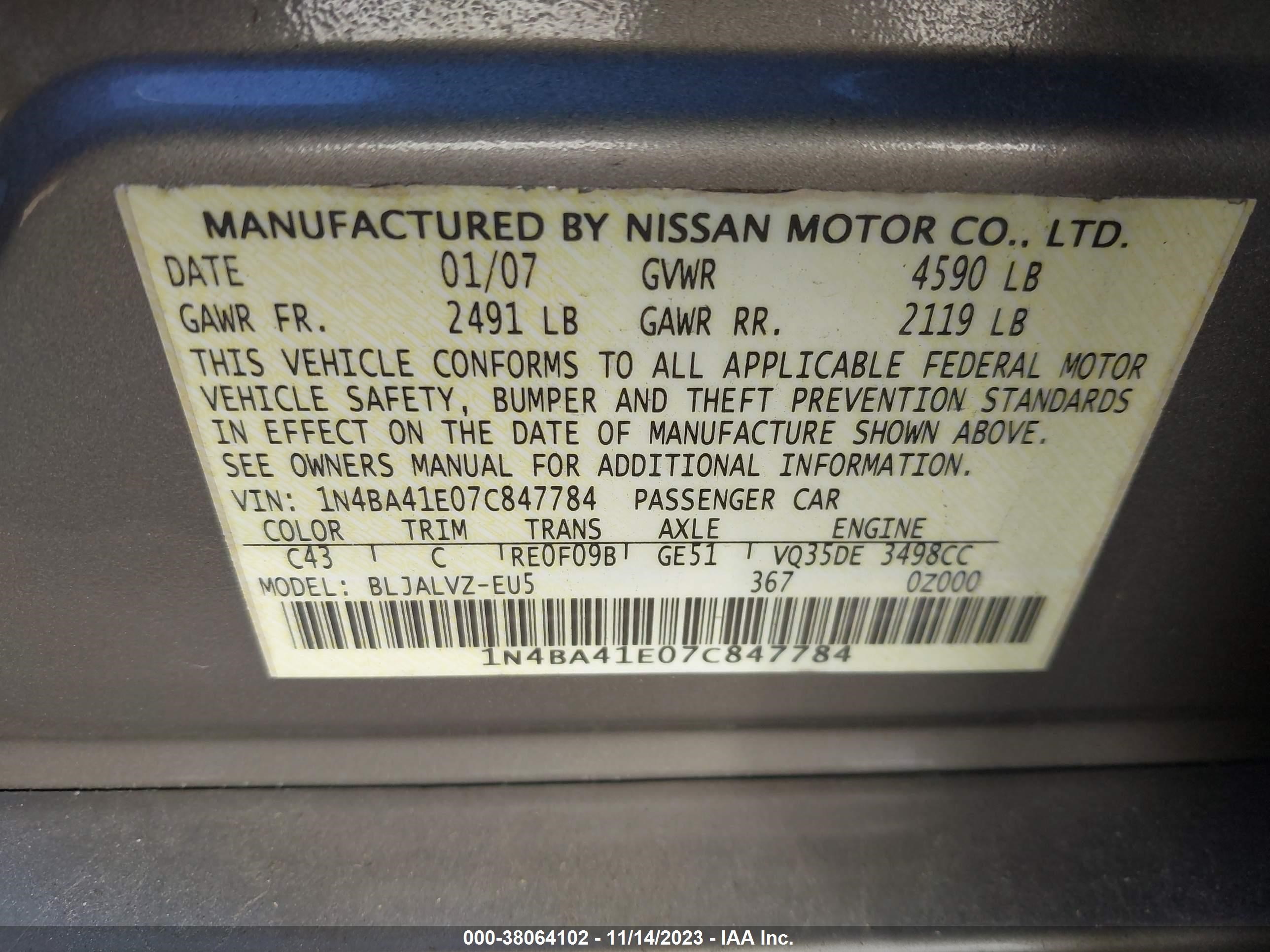 Photo 8 VIN: 1N4BA41E07C847784 - NISSAN MAXIMA 