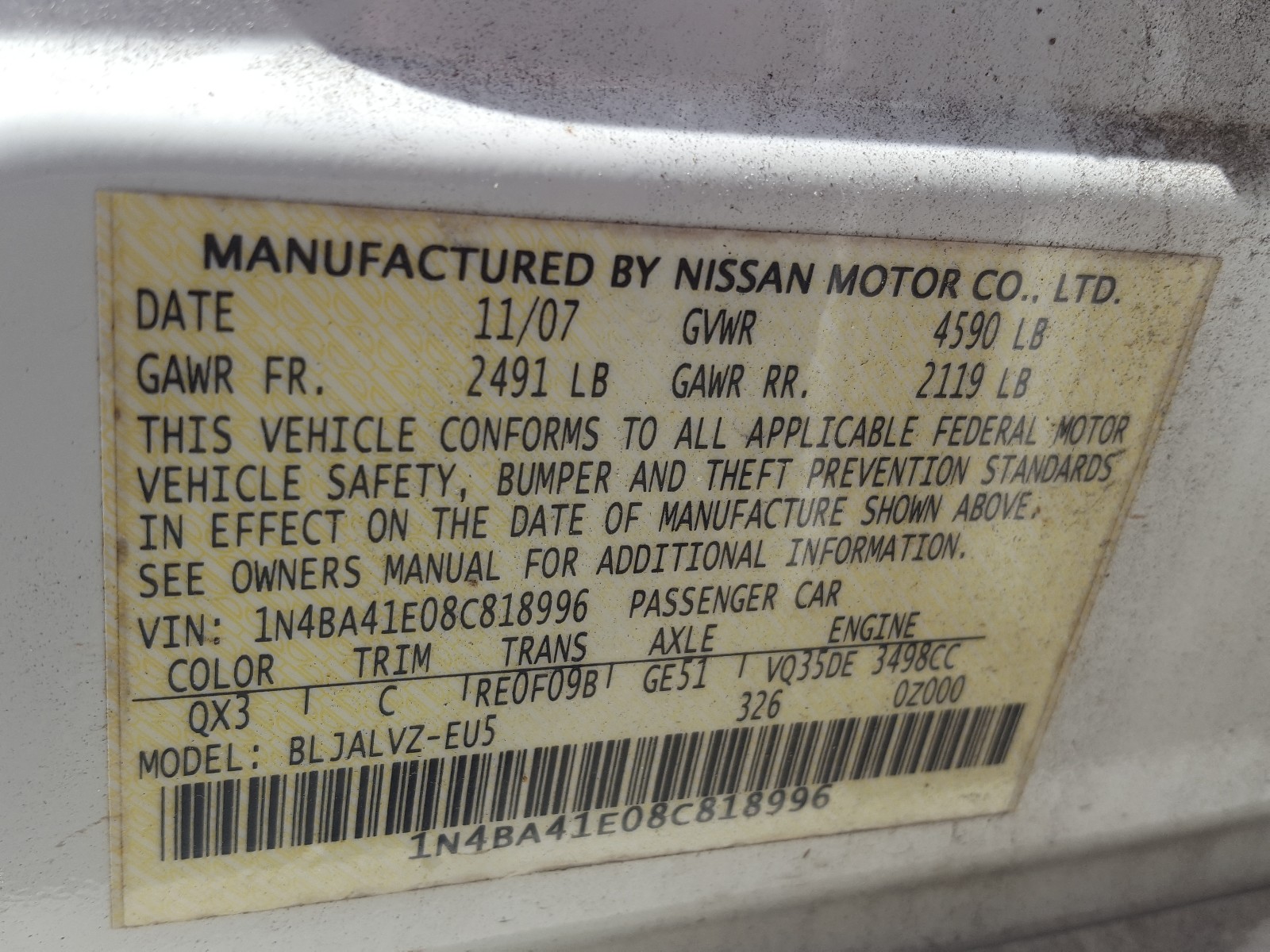 Photo 9 VIN: 1N4BA41E08C818996 - NISSAN MAXIMA 