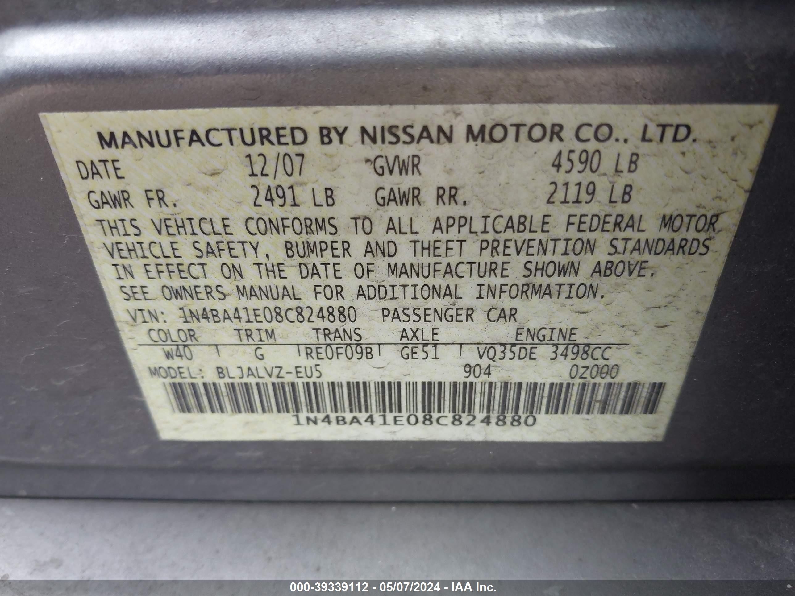 Photo 8 VIN: 1N4BA41E08C824880 - NISSAN MAXIMA 