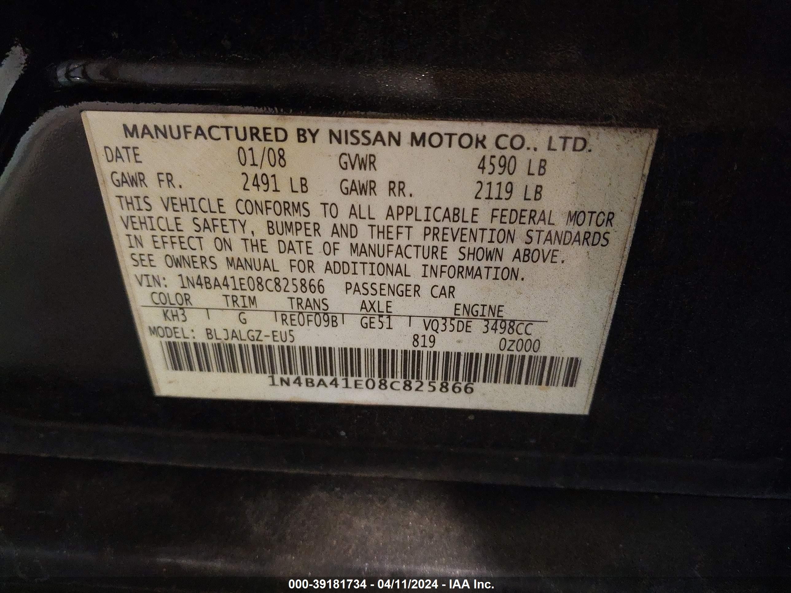 Photo 8 VIN: 1N4BA41E08C825866 - NISSAN MAXIMA 