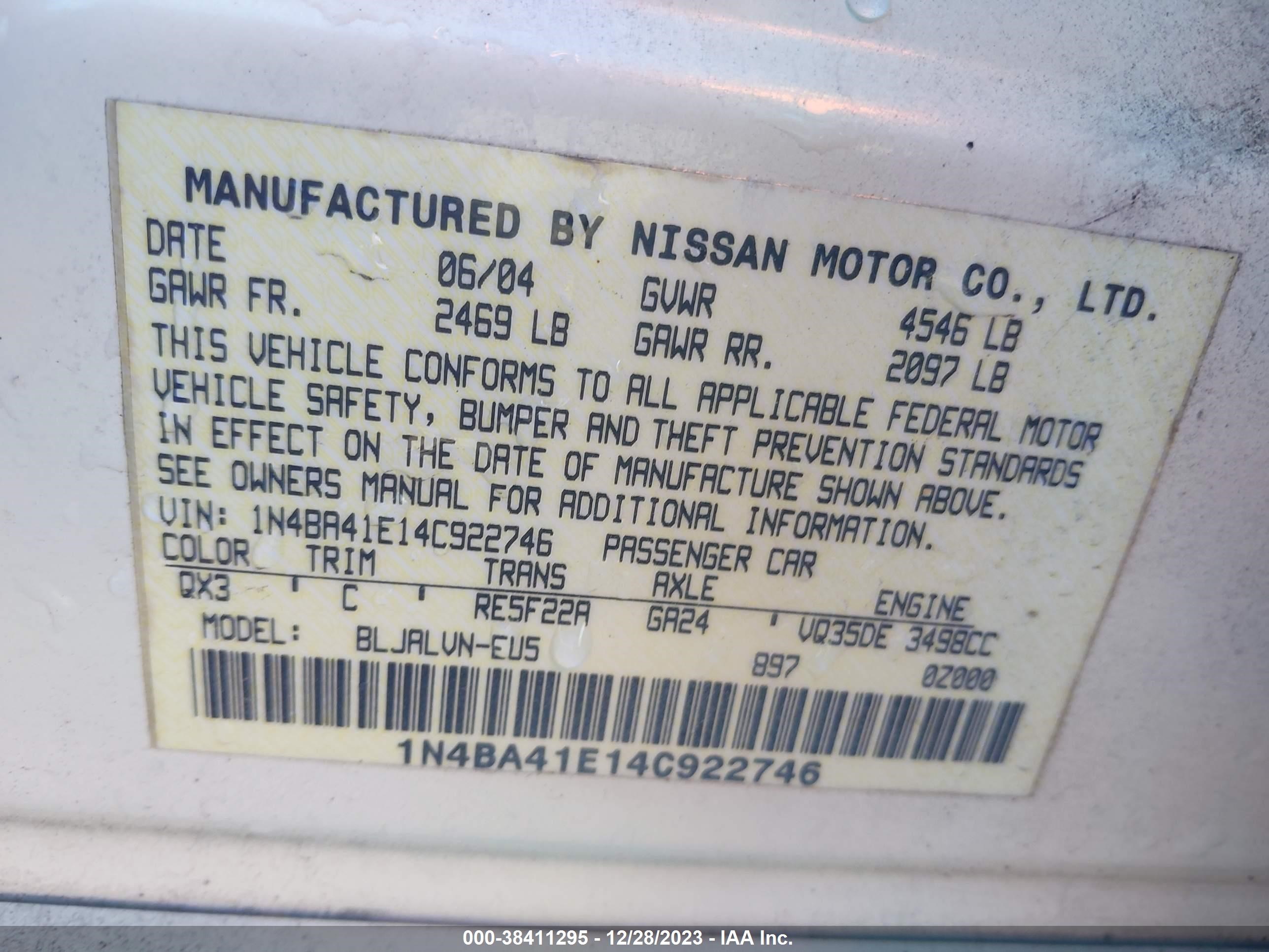 Photo 8 VIN: 1N4BA41E14C922746 - NISSAN MAXIMA 