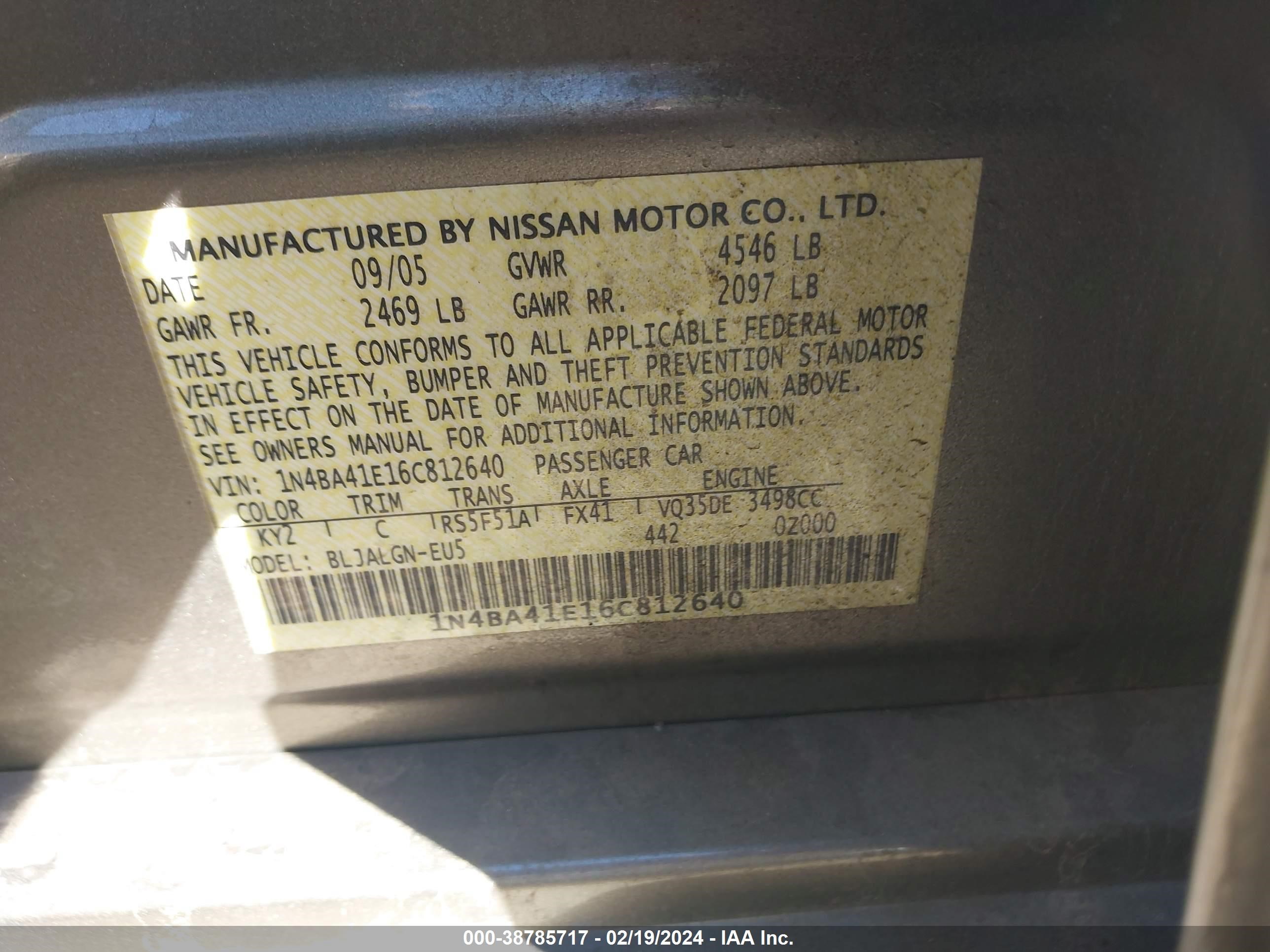 Photo 8 VIN: 1N4BA41E16C812640 - NISSAN MAXIMA 