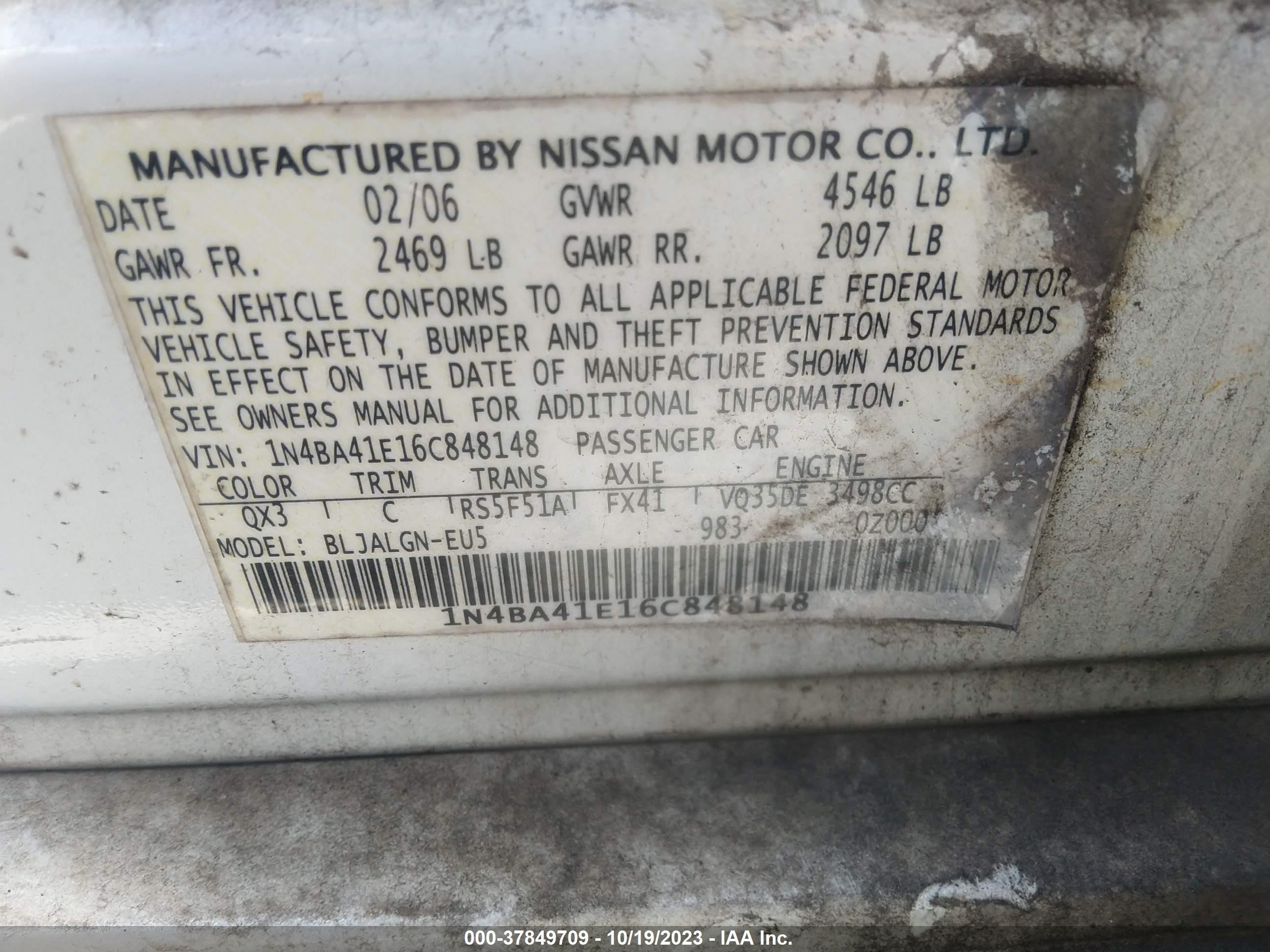 Photo 8 VIN: 1N4BA41E16C848148 - NISSAN MAXIMA 