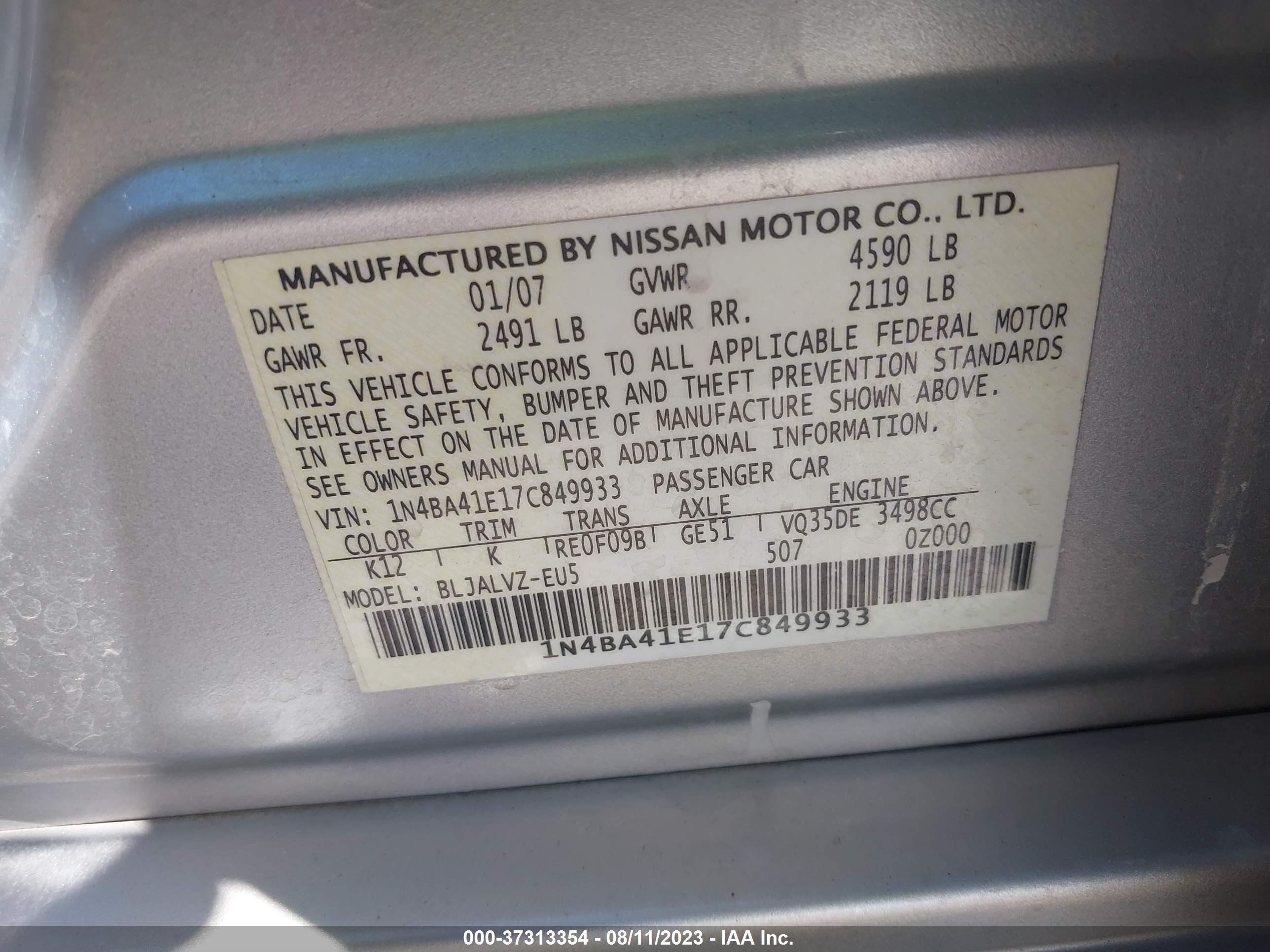 Photo 8 VIN: 1N4BA41E17C849933 - NISSAN MAXIMA 