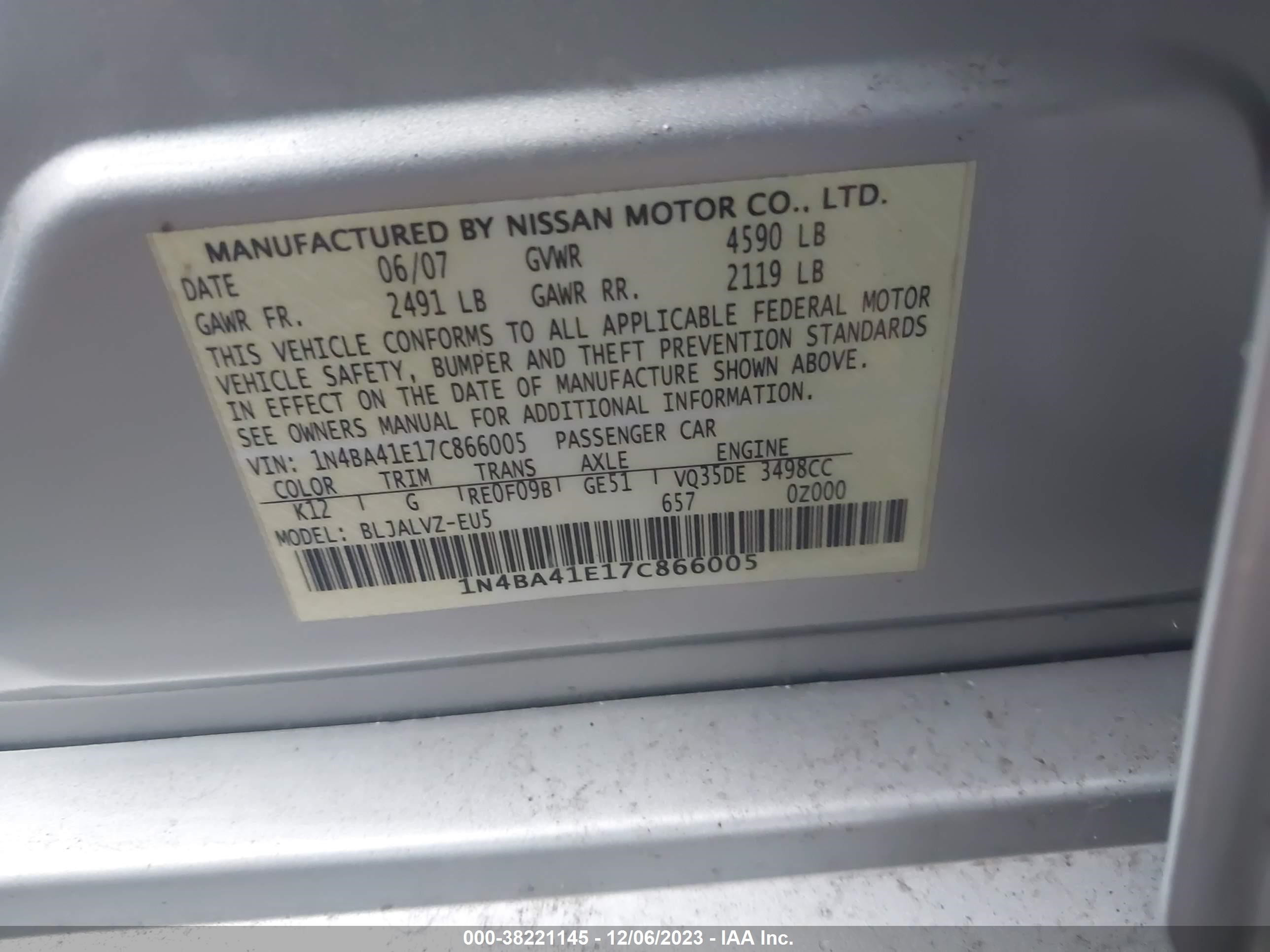 Photo 8 VIN: 1N4BA41E17C866005 - NISSAN MAXIMA 