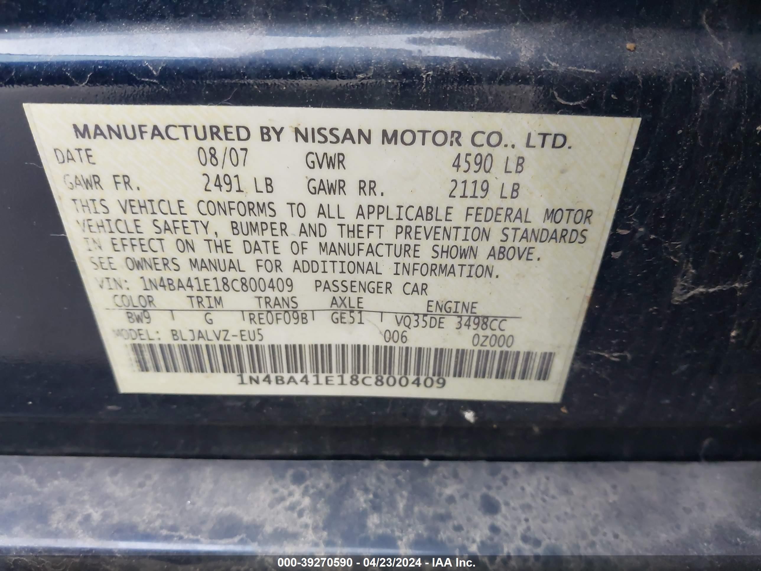 Photo 8 VIN: 1N4BA41E18C800409 - NISSAN MAXIMA 