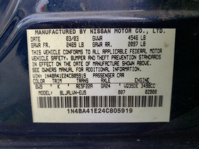 Photo 9 VIN: 1N4BA41E24C805919 - NISSAN MAXIMA SE 