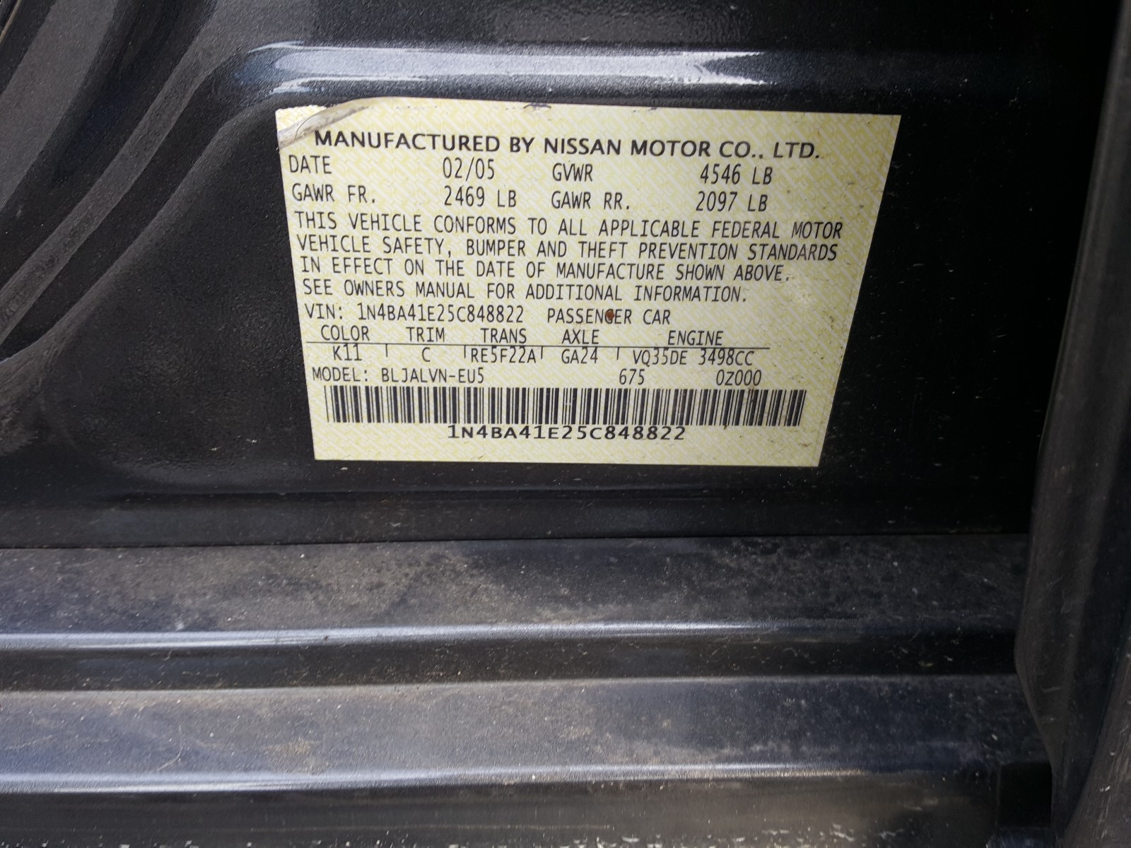 Photo 9 VIN: 1N4BA41E25C848822 - NISSAN MAXIMA SE 