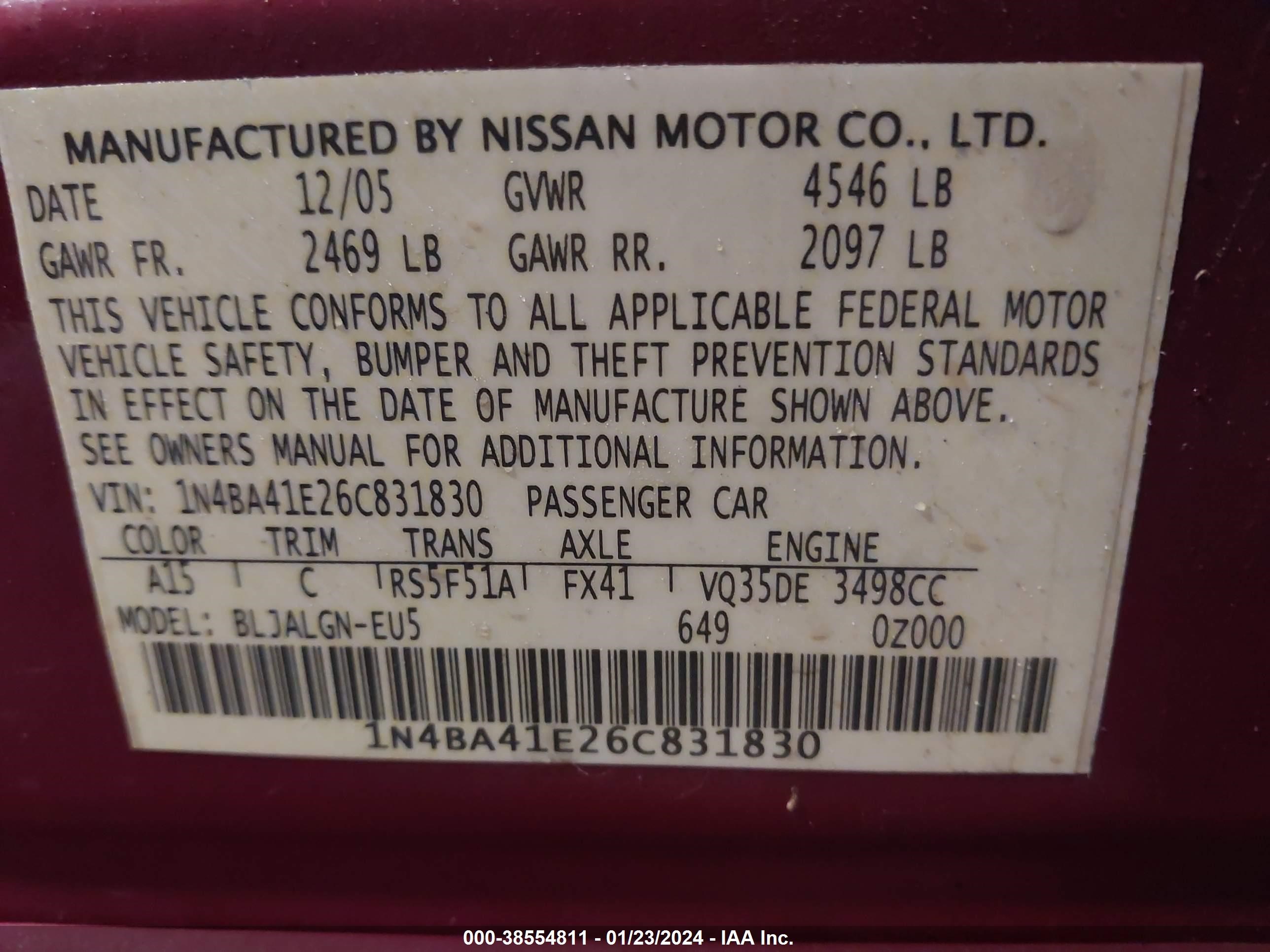 Photo 8 VIN: 1N4BA41E26C831830 - NISSAN MAXIMA 