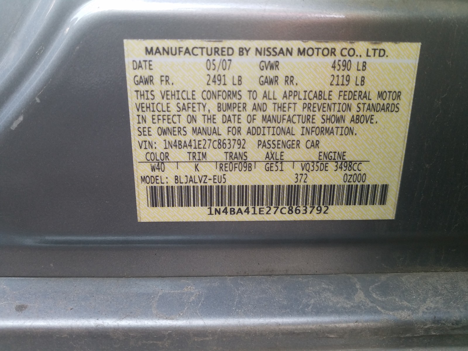 Photo 9 VIN: 1N4BA41E27C863792 - NISSAN MAXIMA SE 