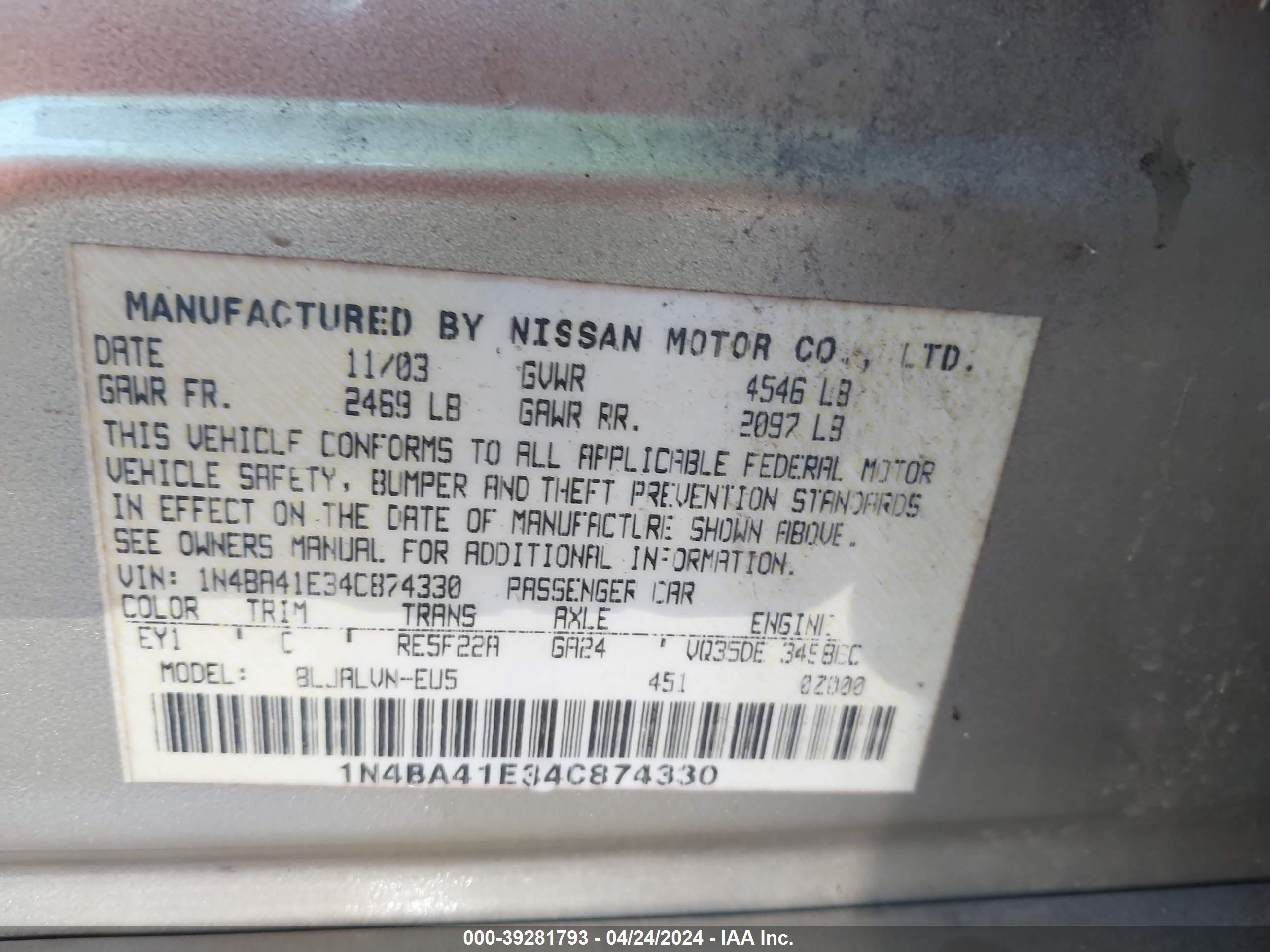 Photo 8 VIN: 1N4BA41E34C874330 - NISSAN MAXIMA 