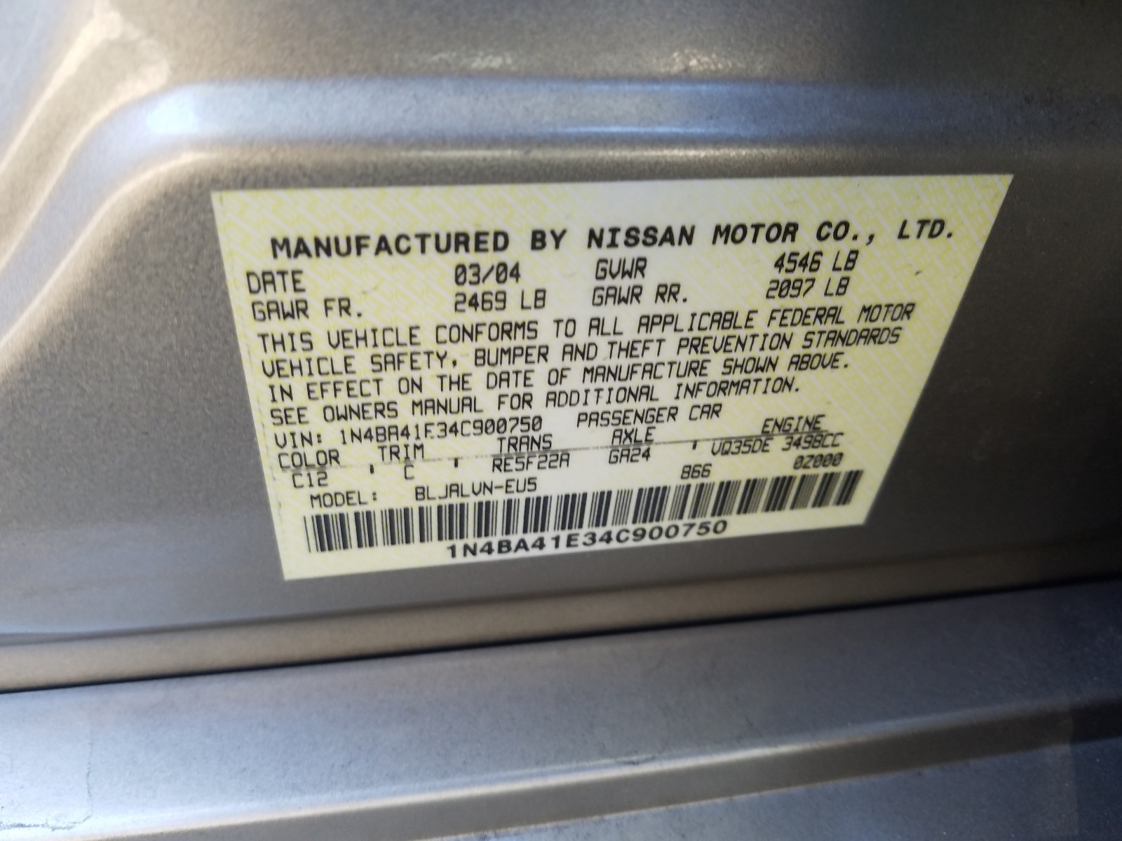 Photo 9 VIN: 1N4BA41E34C900750 - NISSAN MAXIMA SE 