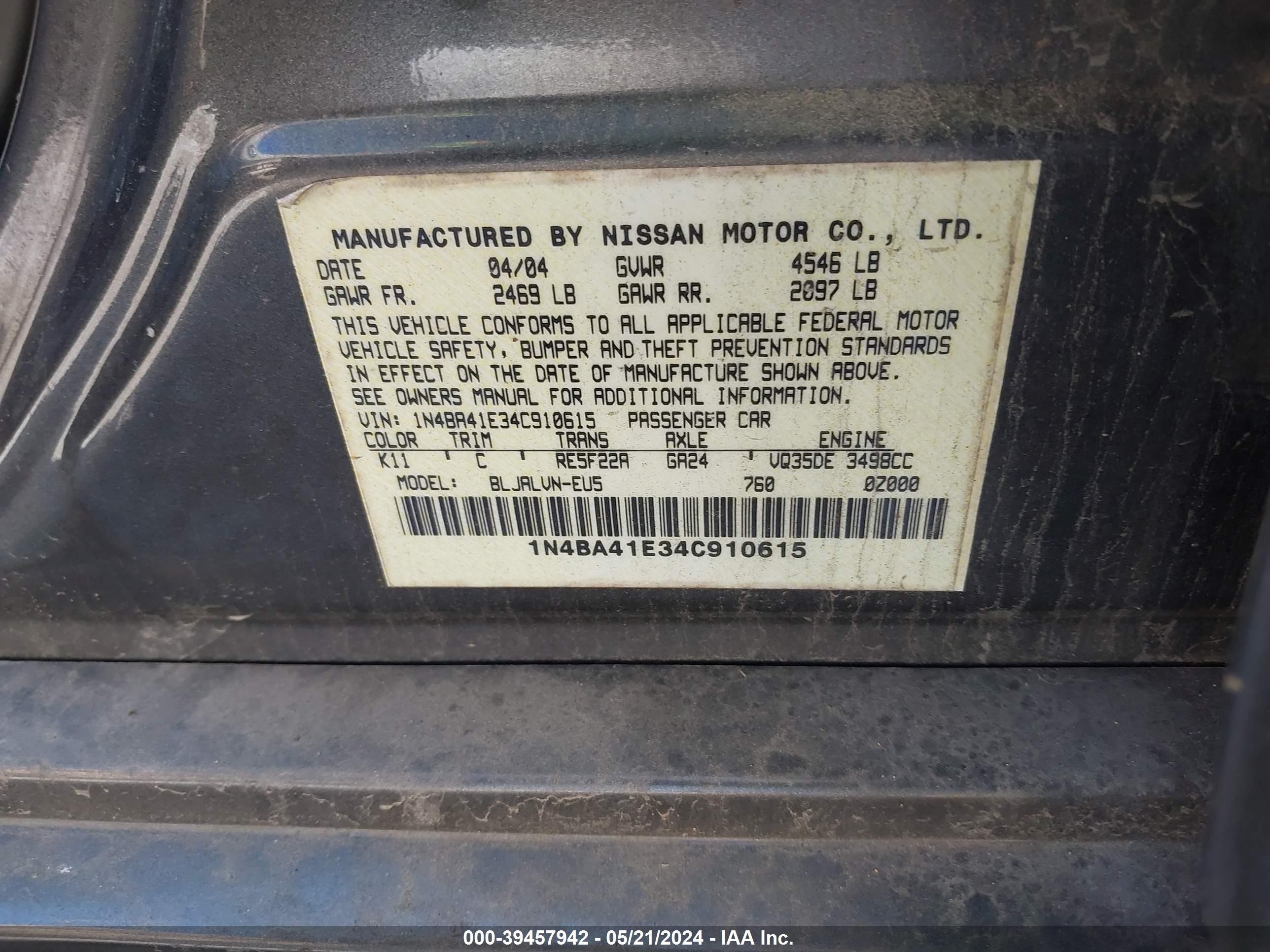 Photo 8 VIN: 1N4BA41E34C910615 - NISSAN MAXIMA 