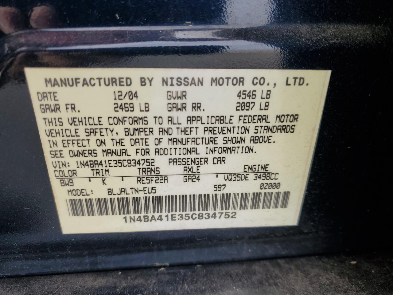 Photo 11 VIN: 1N4BA41E35C834752 - NISSAN MAXIMA 