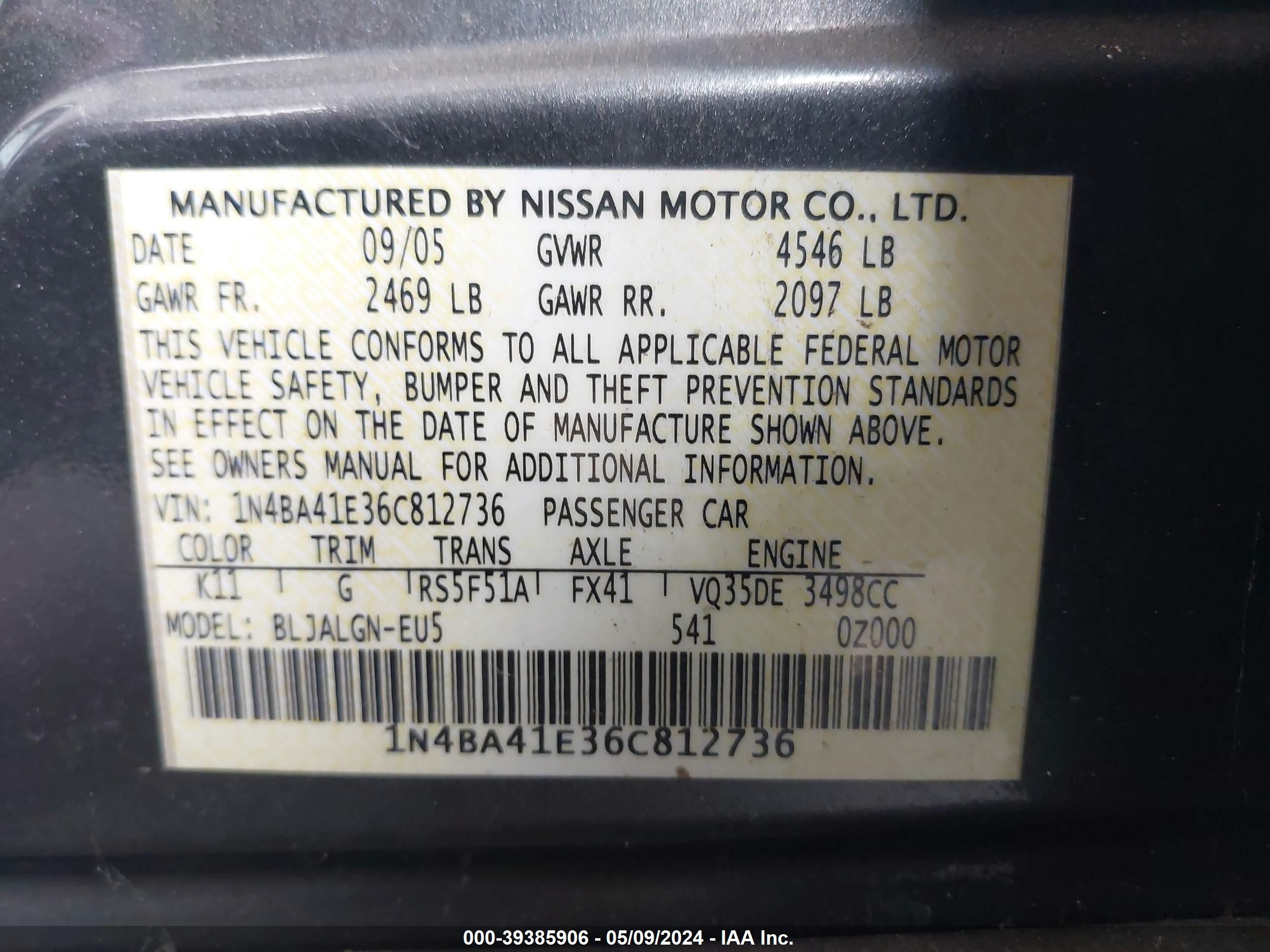 Photo 8 VIN: 1N4BA41E36C812736 - NISSAN MAXIMA 