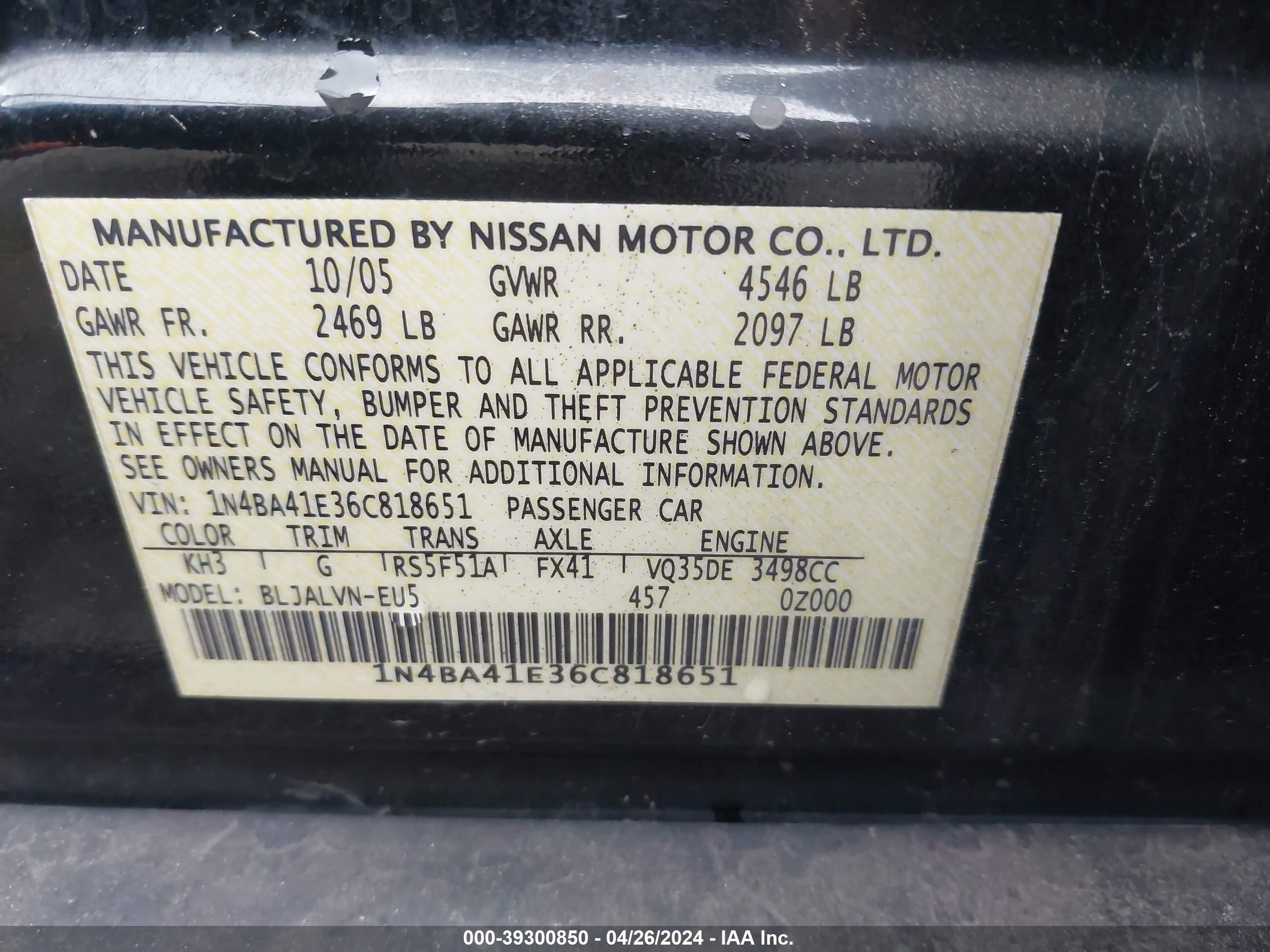 Photo 8 VIN: 1N4BA41E36C818651 - NISSAN MAXIMA 