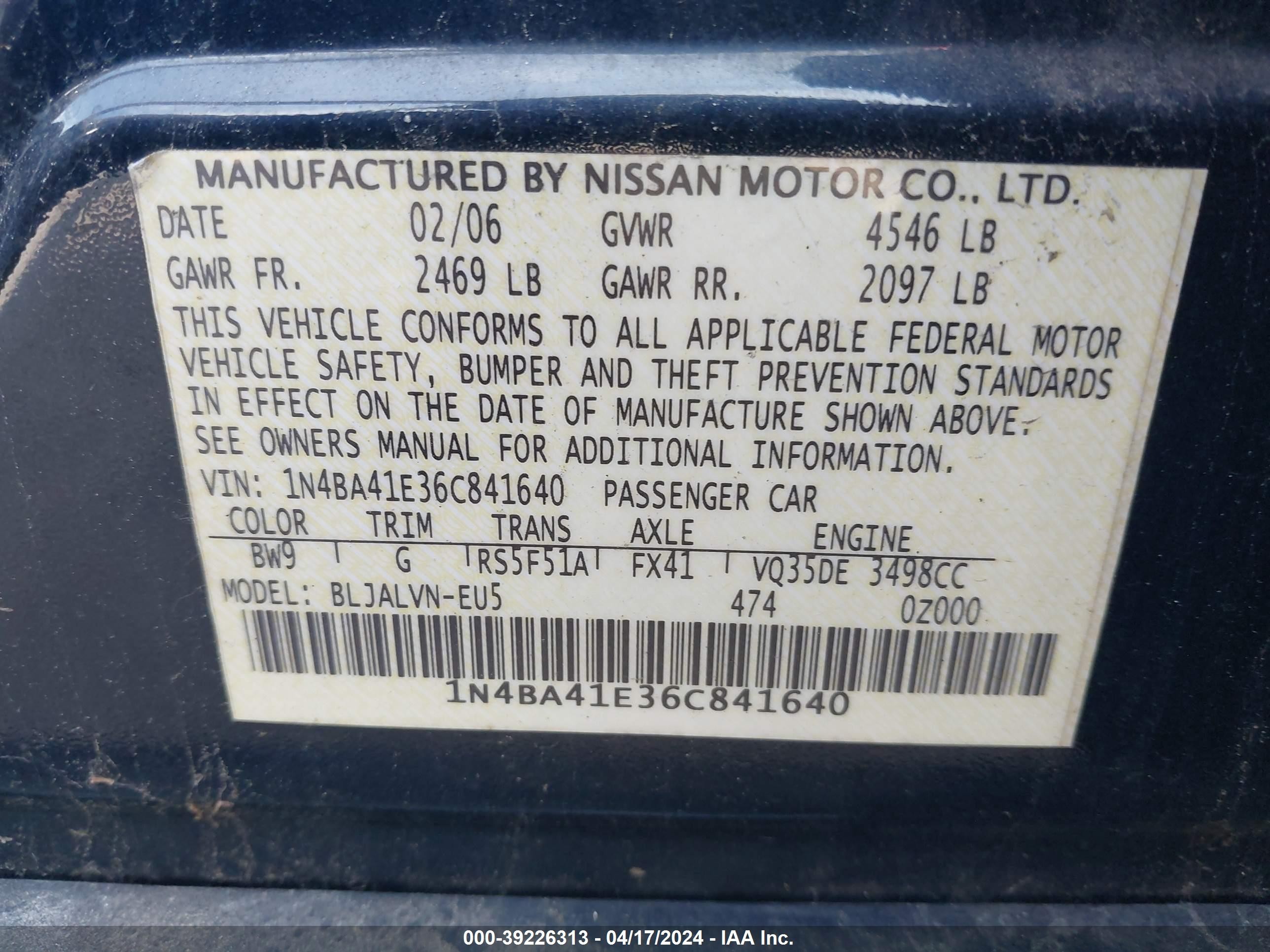 Photo 8 VIN: 1N4BA41E36C841640 - NISSAN MAXIMA 