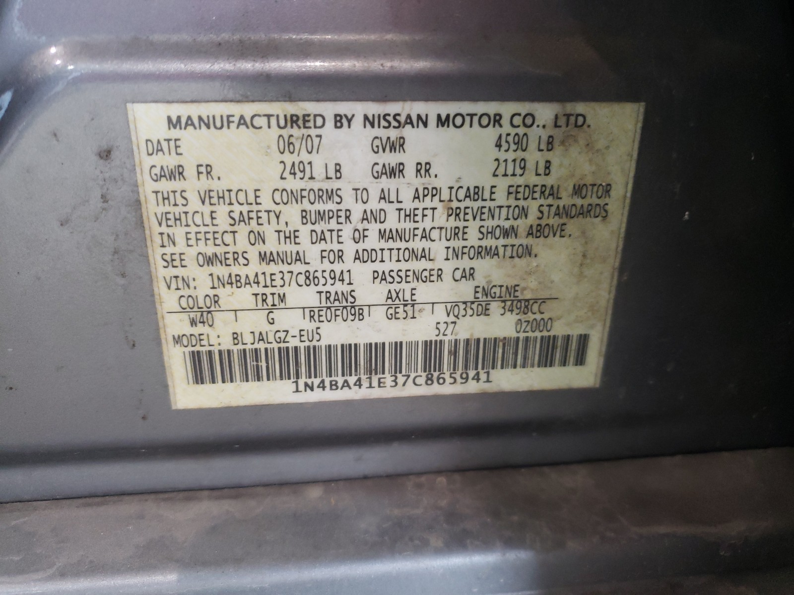 Photo 9 VIN: 1N4BA41E37C865941 - NISSAN MAXIMA SE 