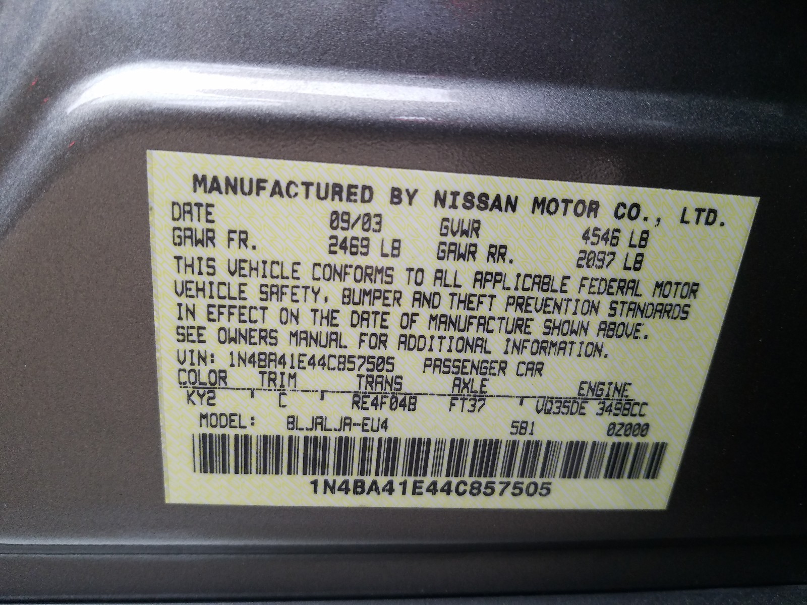 Photo 9 VIN: 1N4BA41E44C857505 - NISSAN MAXIMA SE 